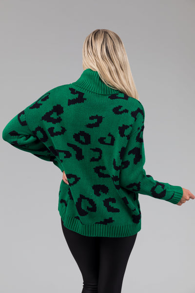She+Sky Kelly Green Leopard Turtleneck Sweater