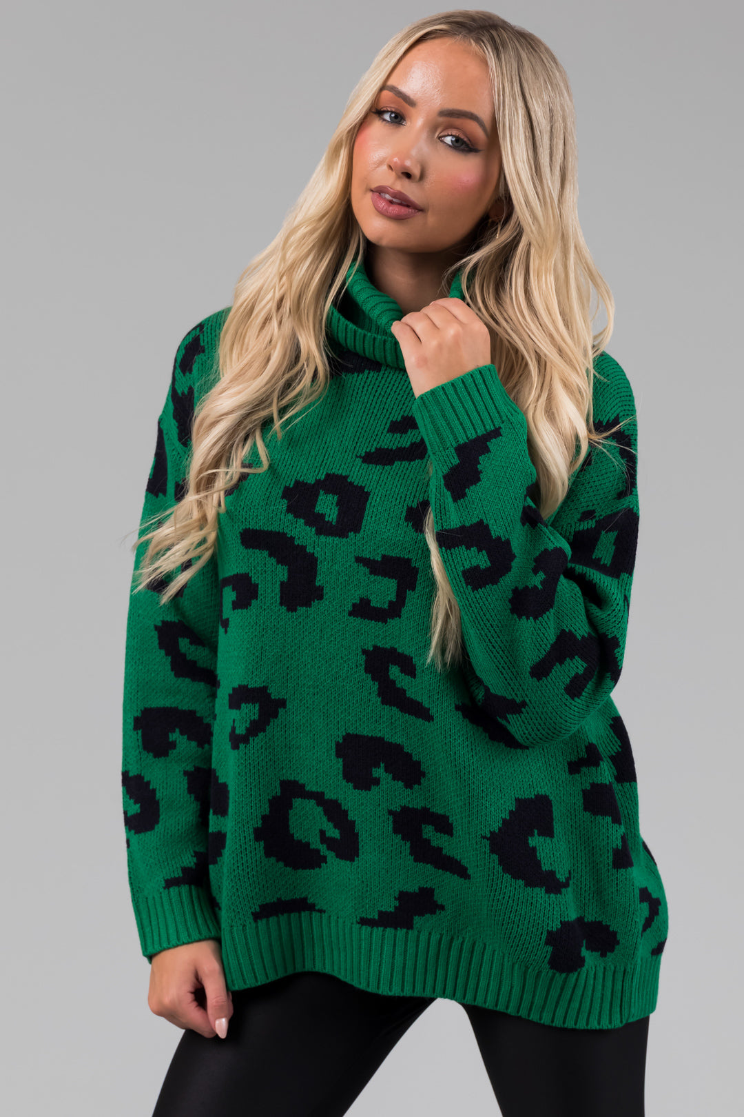 She+Sky Kelly Green Leopard Turtleneck Sweater