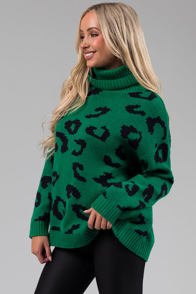 She+Sky Kelly Green Leopard Turtleneck Sweater