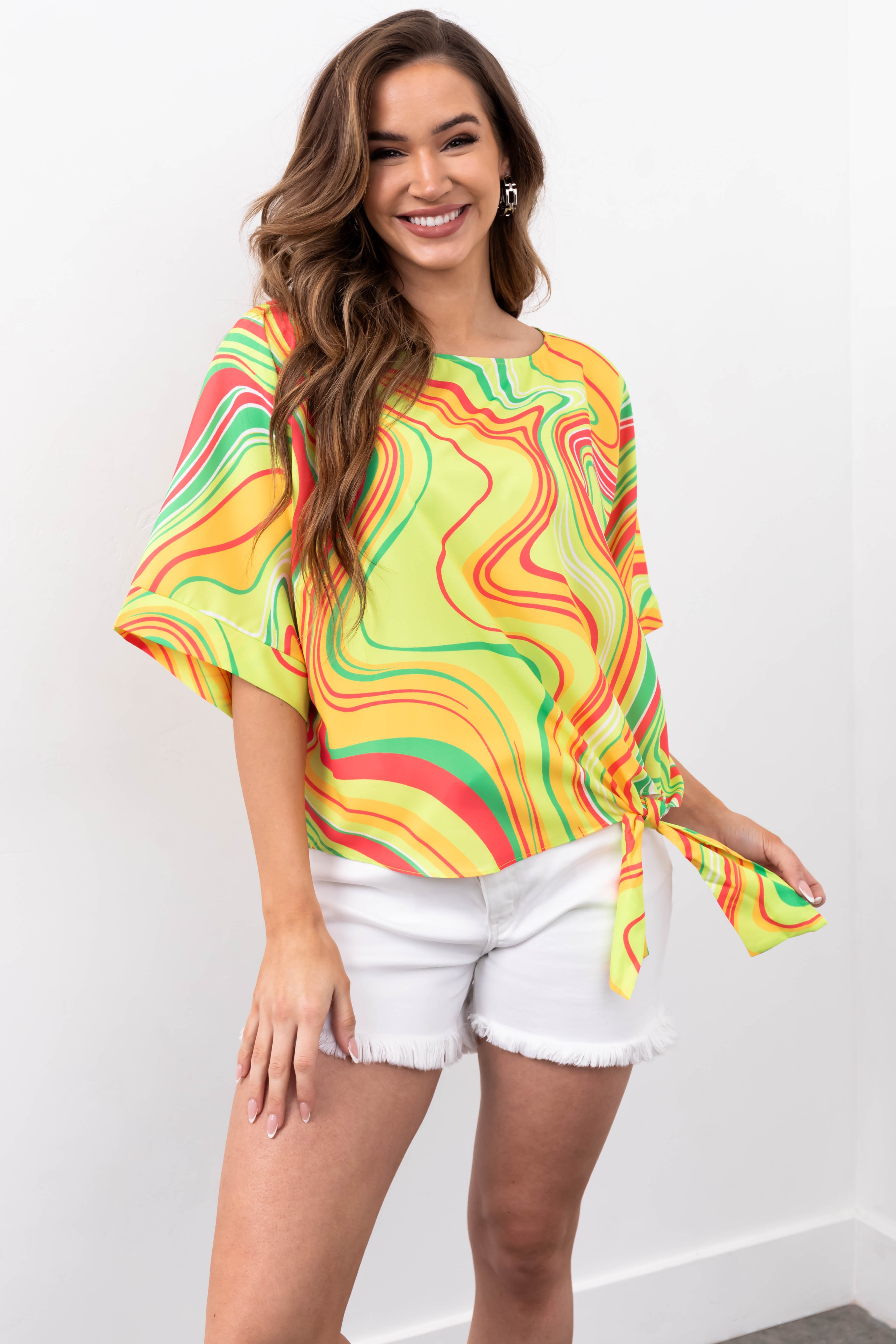She+Sky Lime Abstract Print Side Tie Top | Lime Lush Boutique