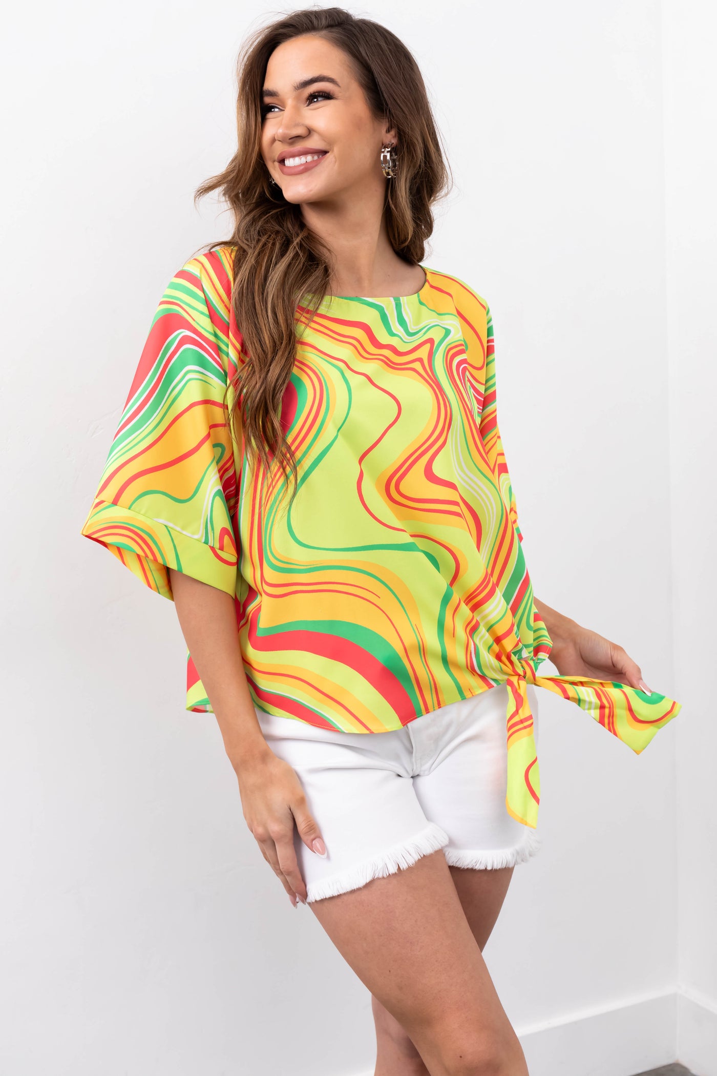 She+Sky Lime Abstract Print Side Tie Top