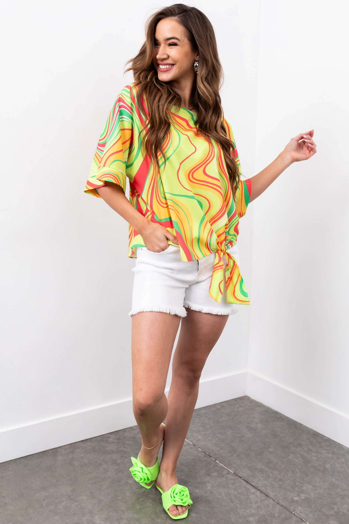 She+Sky Lime Abstract Print Side Tie Top