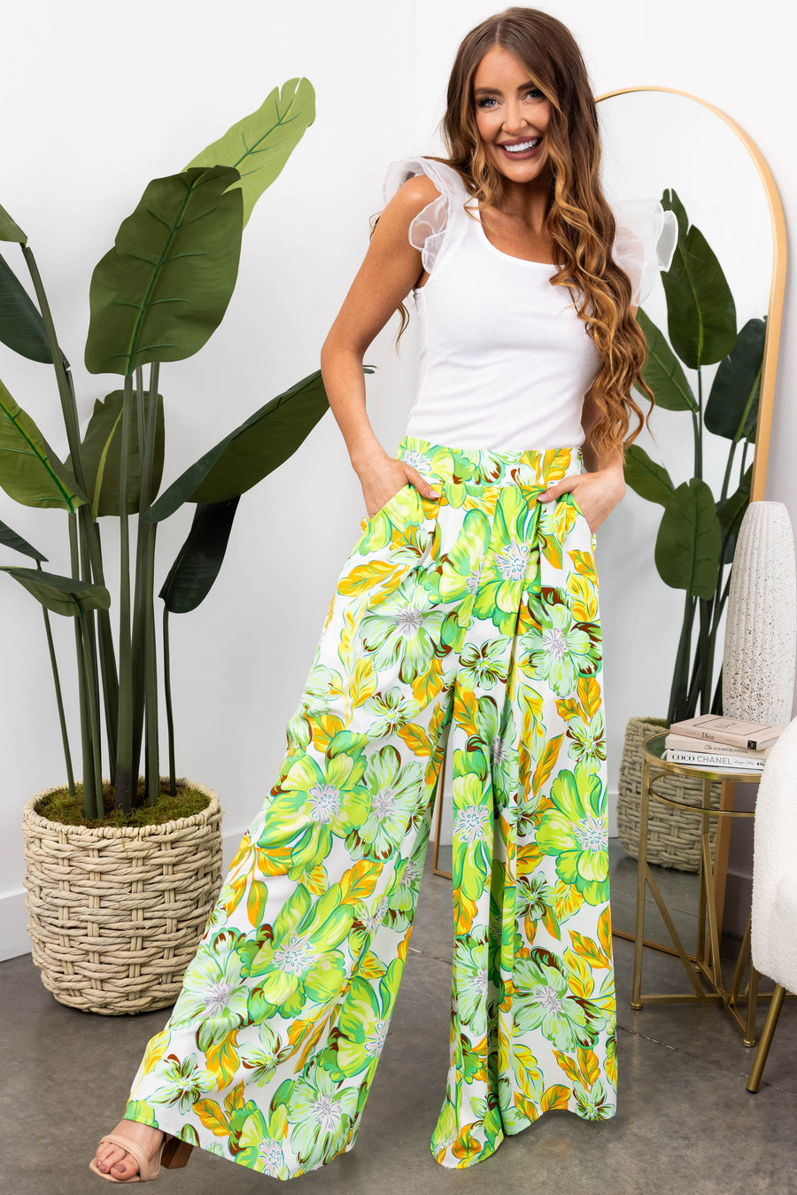She+Sky Lime Floral Print Wide Leg Flowy Pants