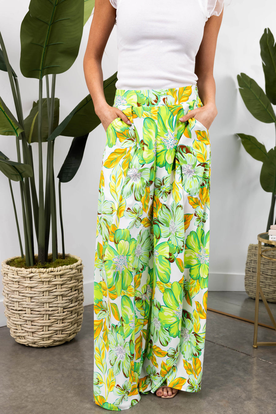 She+Sky Lime Floral Print Wide Leg Flowy Pants