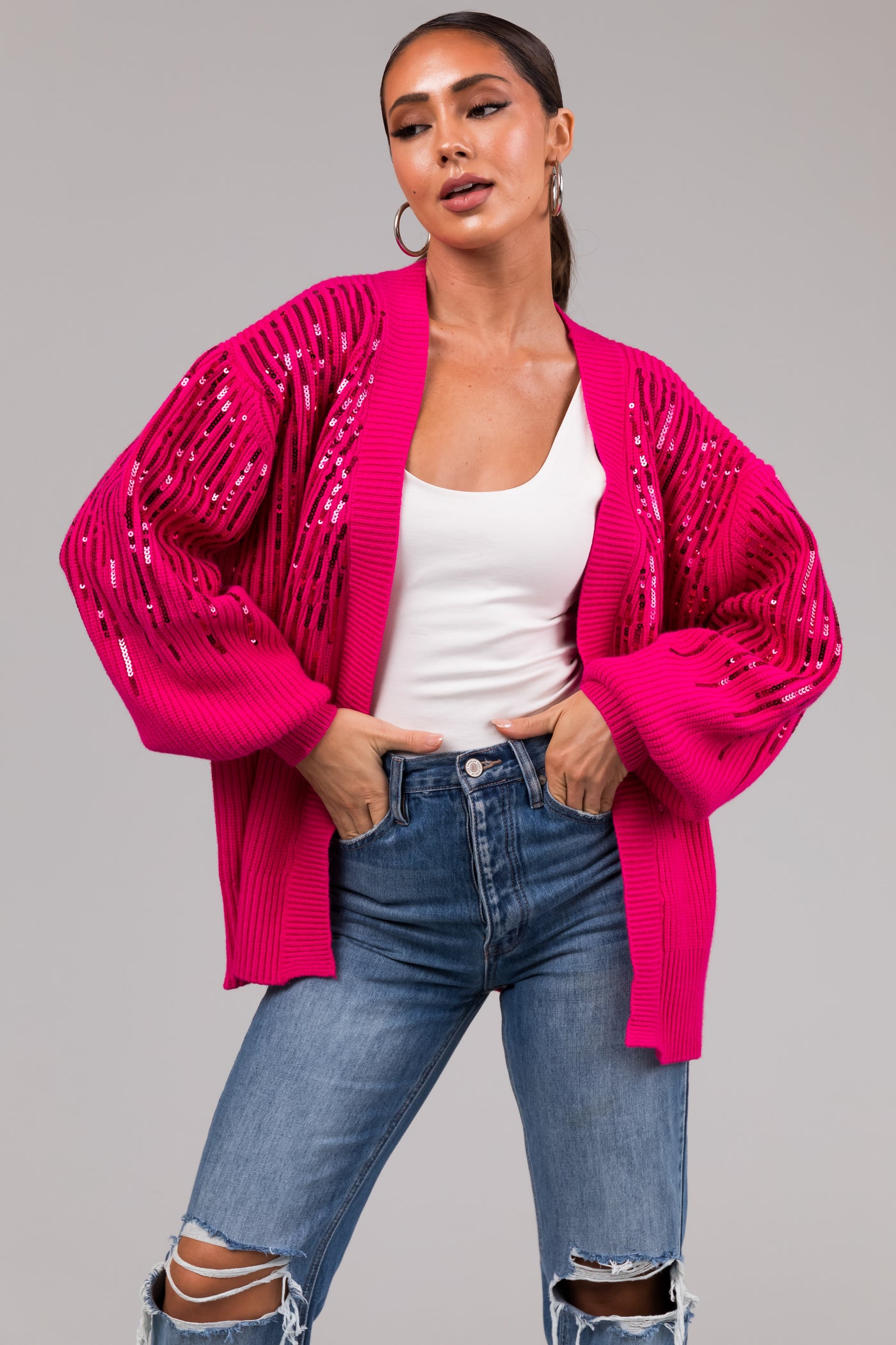 She+Sky Magenta Sequined Long Sleeve Cardigan