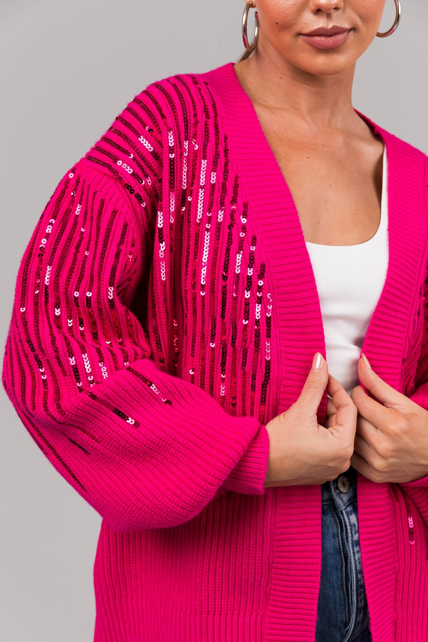 She+Sky Magenta Sequined Long Sleeve Cardigan