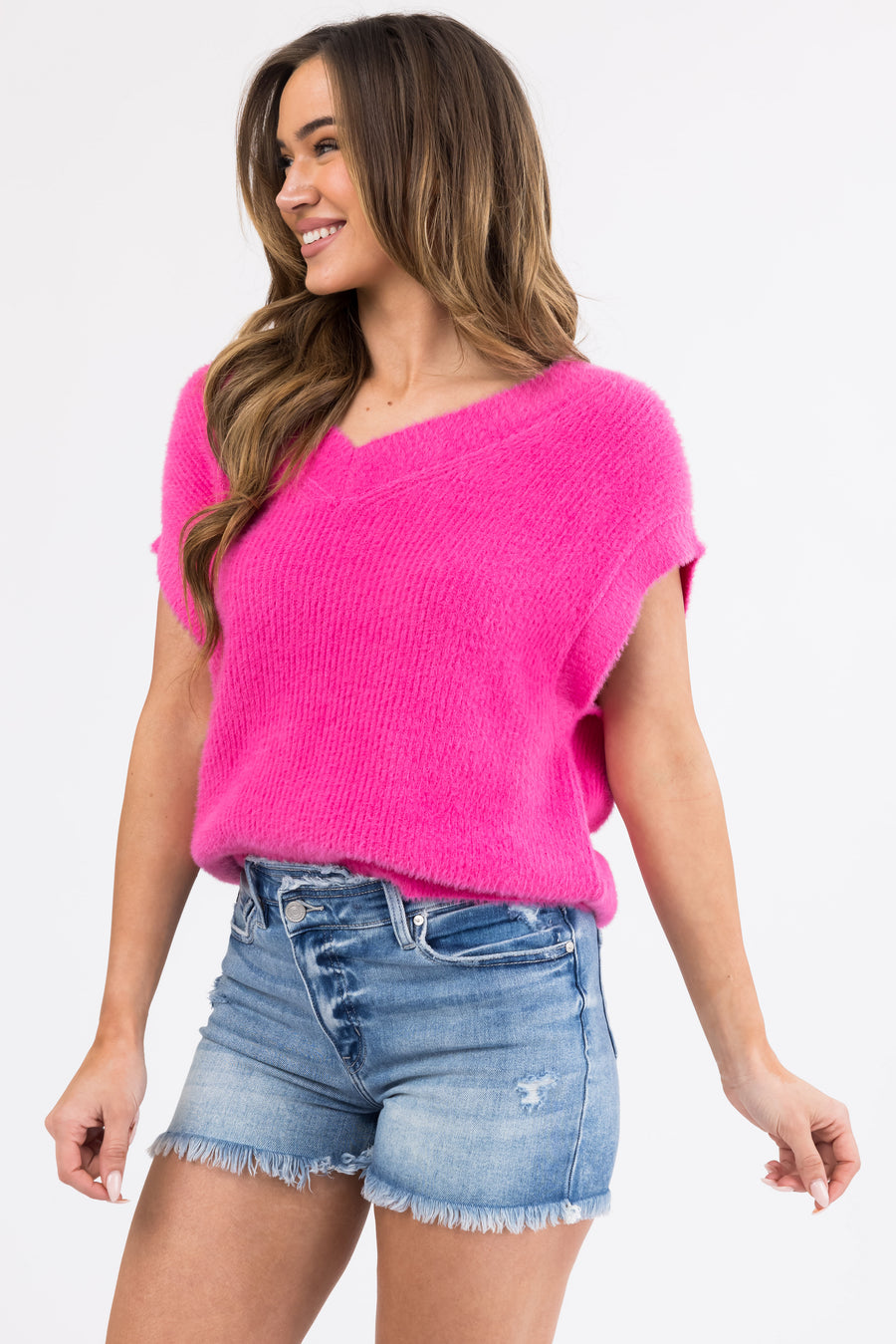 She+Sky Magenta V Neck Textured Sweater Vest