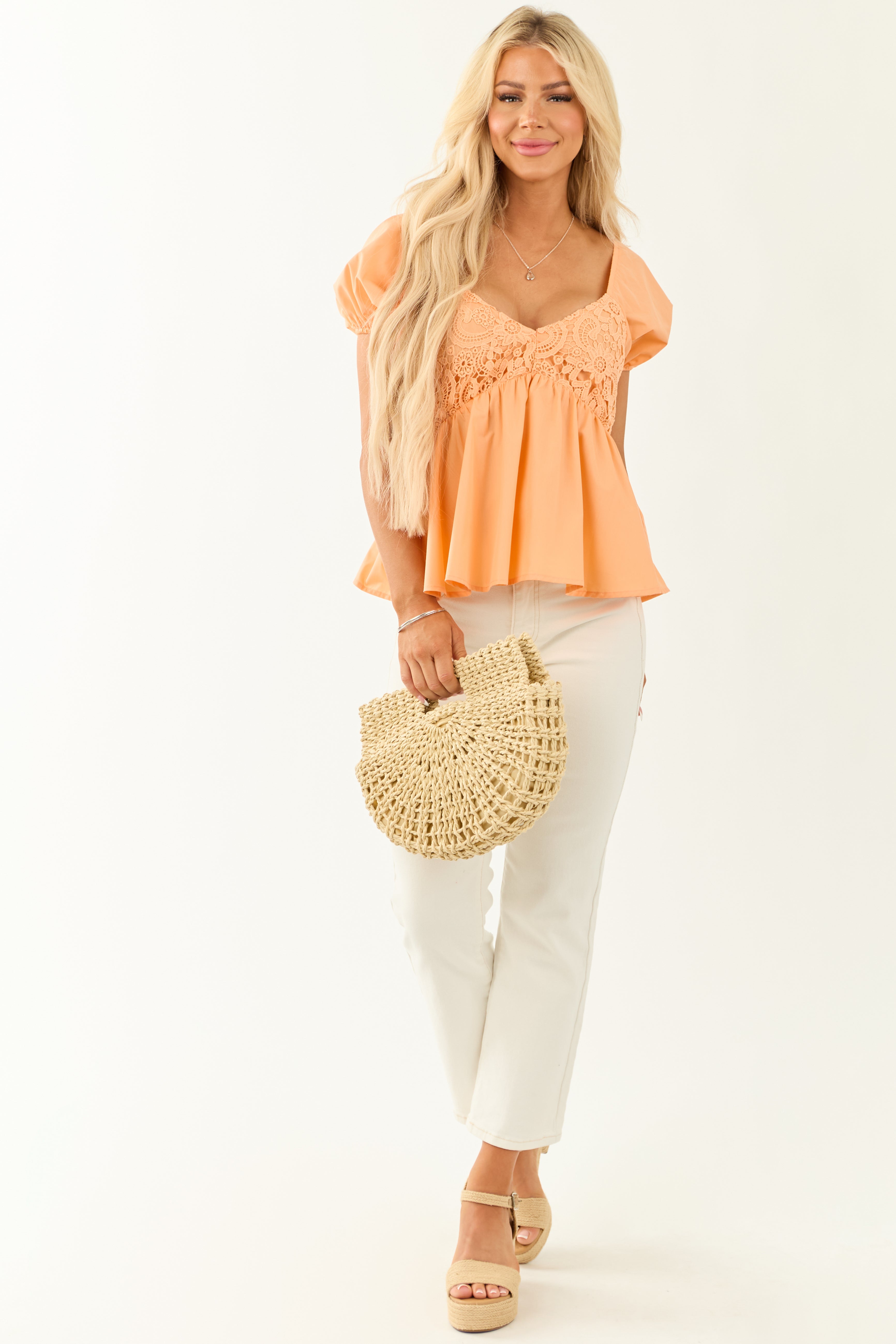 She+Sky Melon Lace Detail Short Sleeve Top