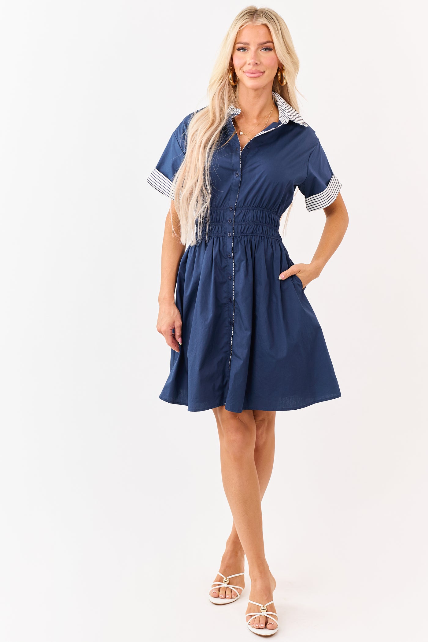 She+Sky Navy Button Down Cotton Mini Dress