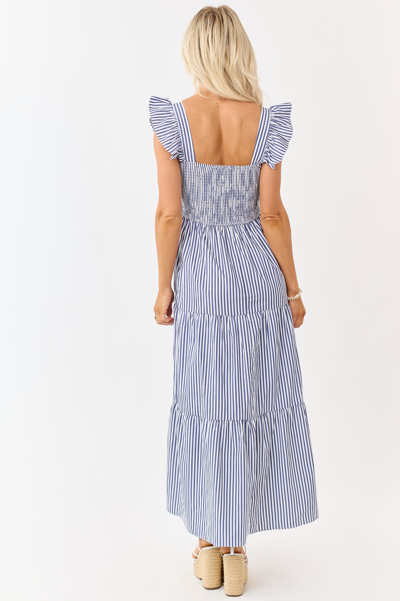 She+Sky Navy Striped Smocked Bodice Maxi Dress