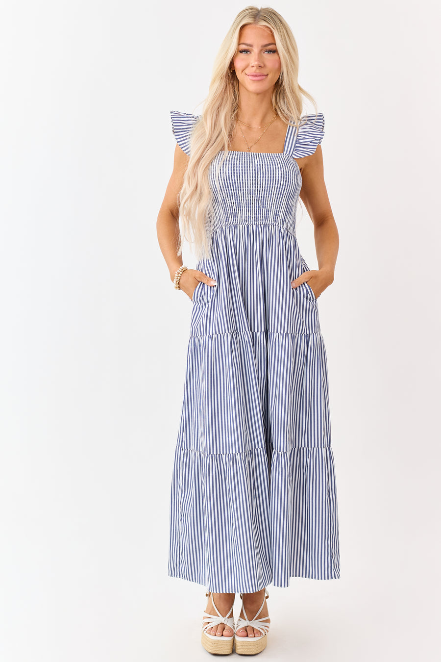 She+Sky Navy Striped Smocked Bodice Maxi Dress