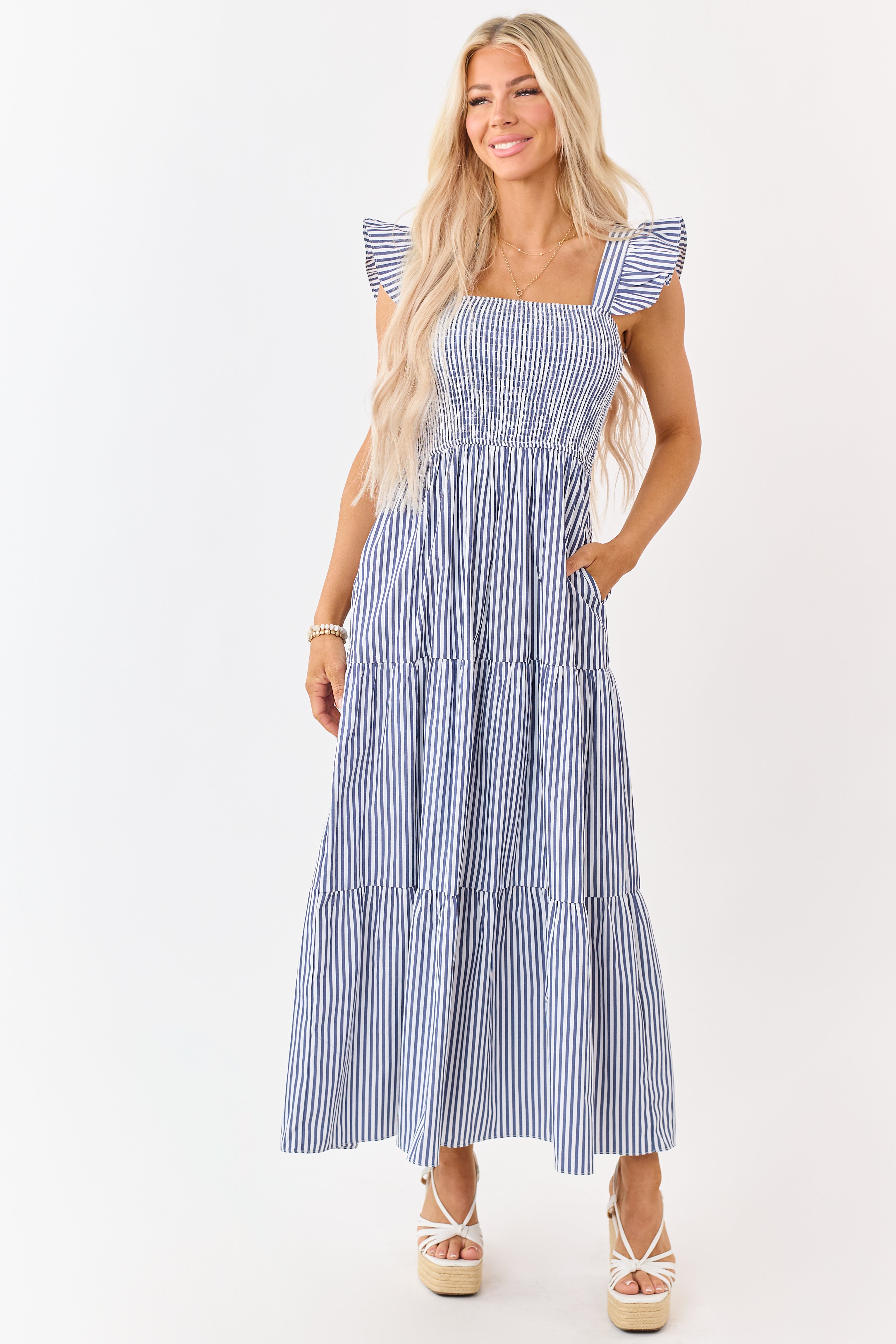 She+Sky Navy Striped Smocked Bodice Maxi Dress