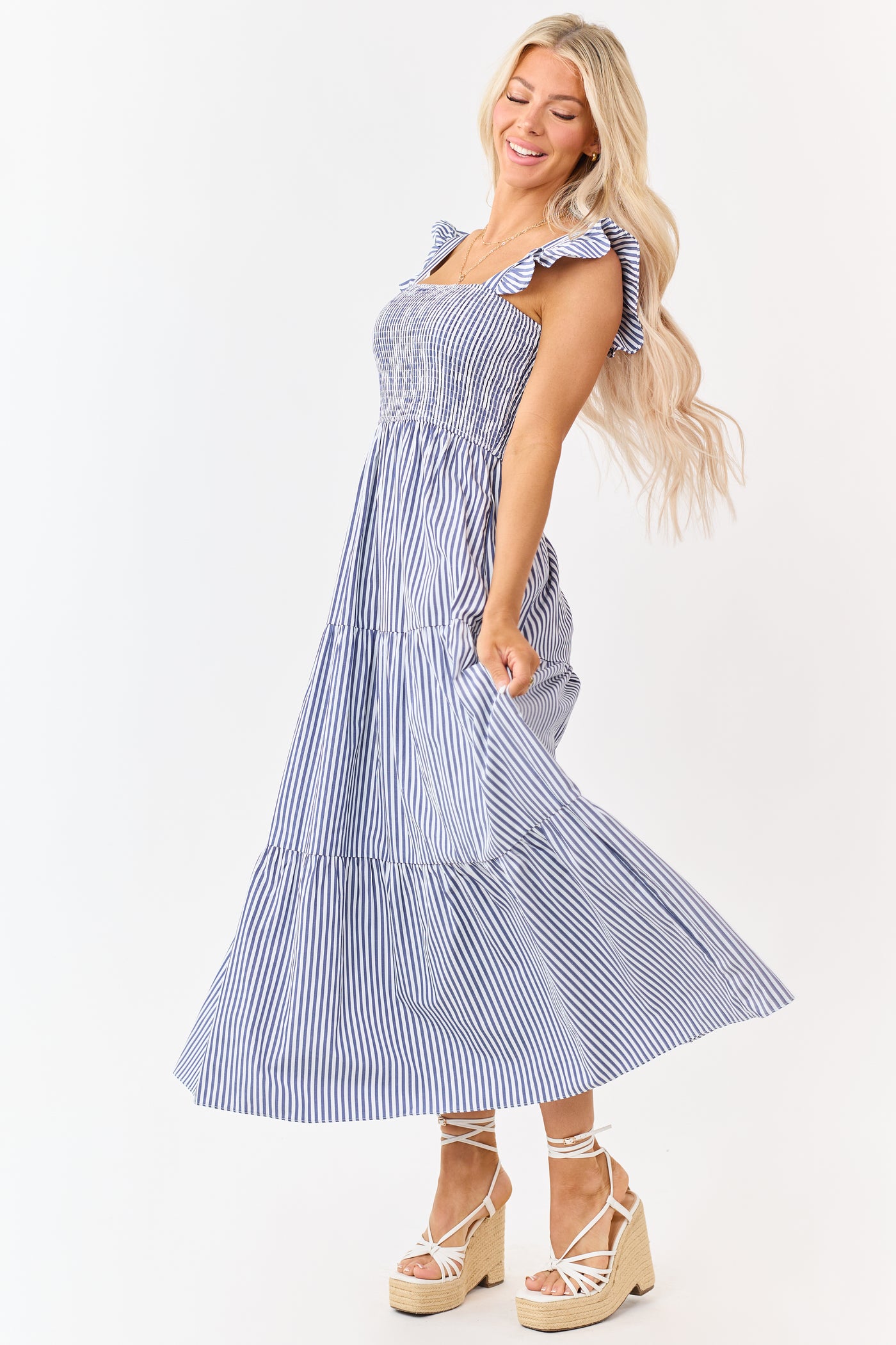 She+Sky Navy Striped Smocked Bodice Maxi Dress She+Sky Navy Striped Smocked Bodice Maxi Dress