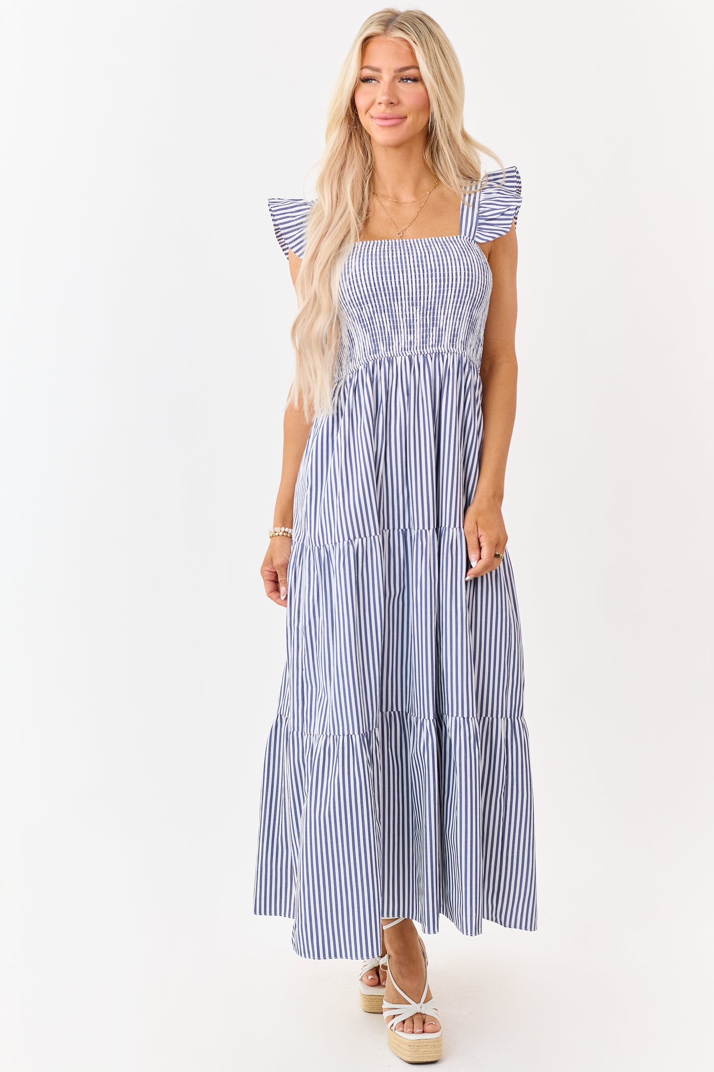 she sky maxi dress She+Sky Navy Striped Smocked Bodice Maxi Dress