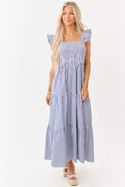 She+Sky Navy Striped Smocked Bodice Maxi Dress