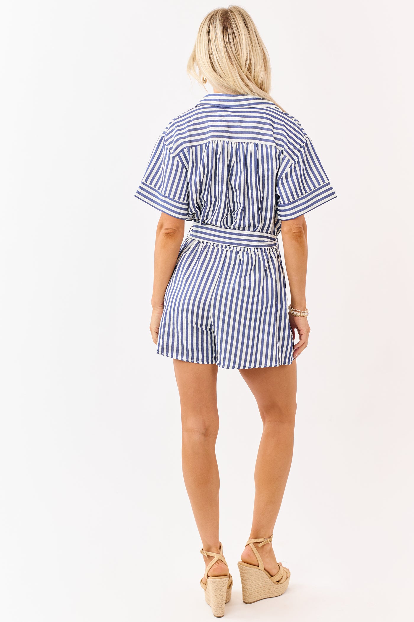 She+Sky Navy and Cream Striped Buttoned Romper