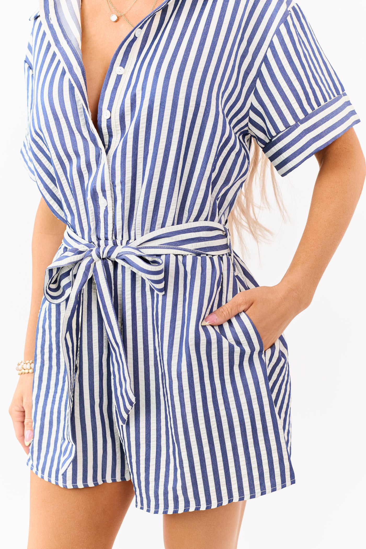 She+Sky Navy and Cream Striped Buttoned Romper