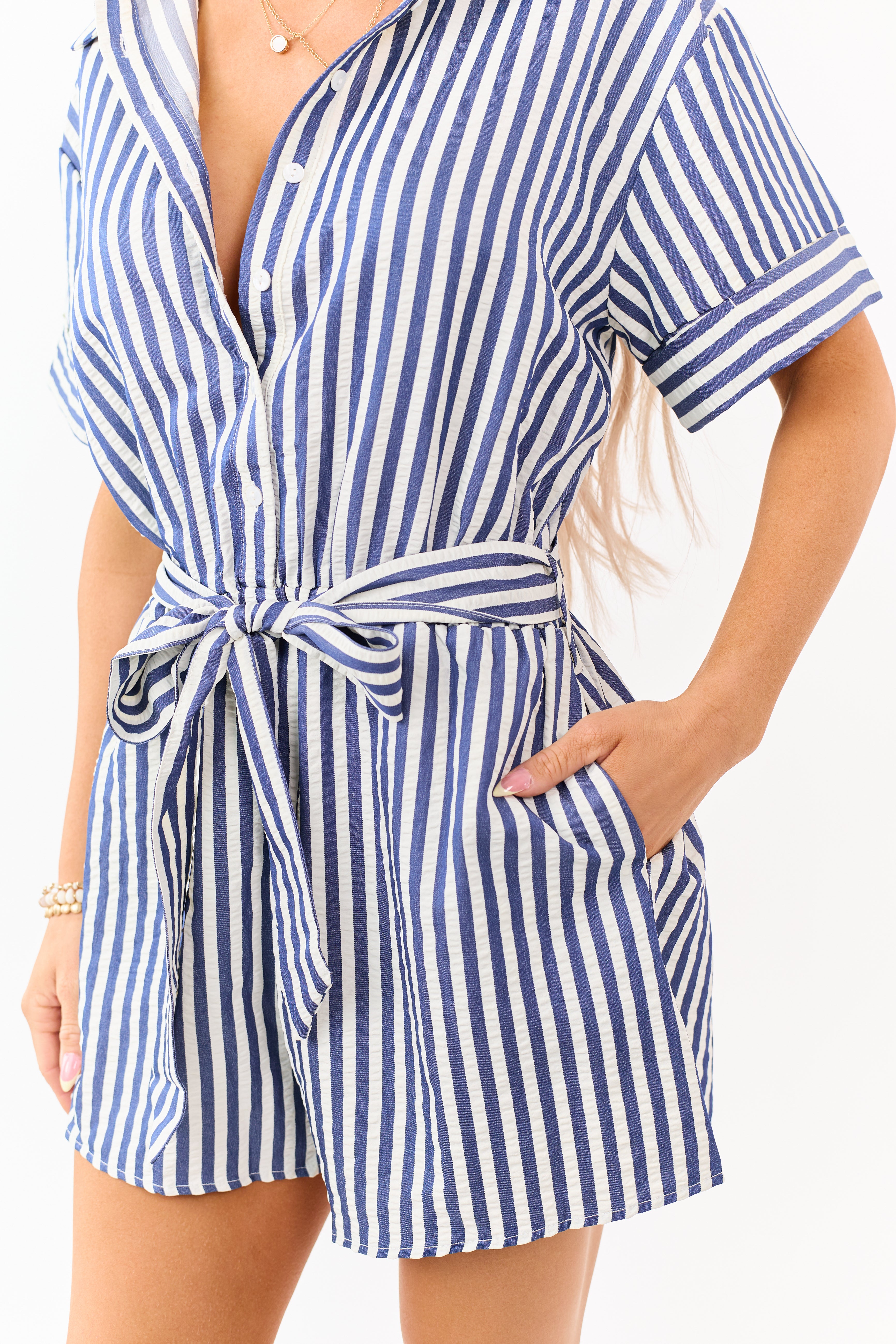 She+Sky Navy and Cream Striped Buttoned Romper