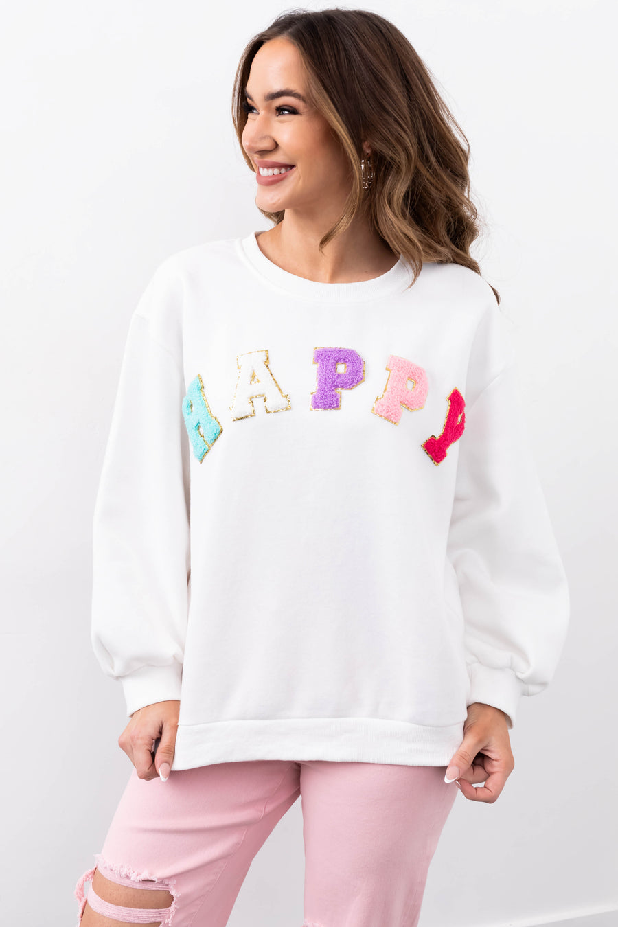She+Sky Off White 'Happy' Sherpa Patch Sweatshirt