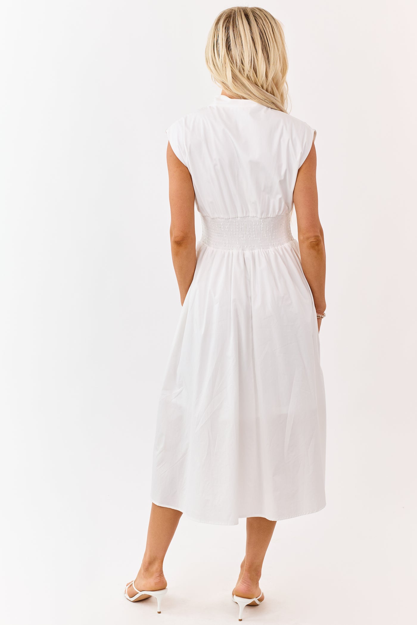 She+Sky Off White Zip Up Smocked Cotton Midi Dress