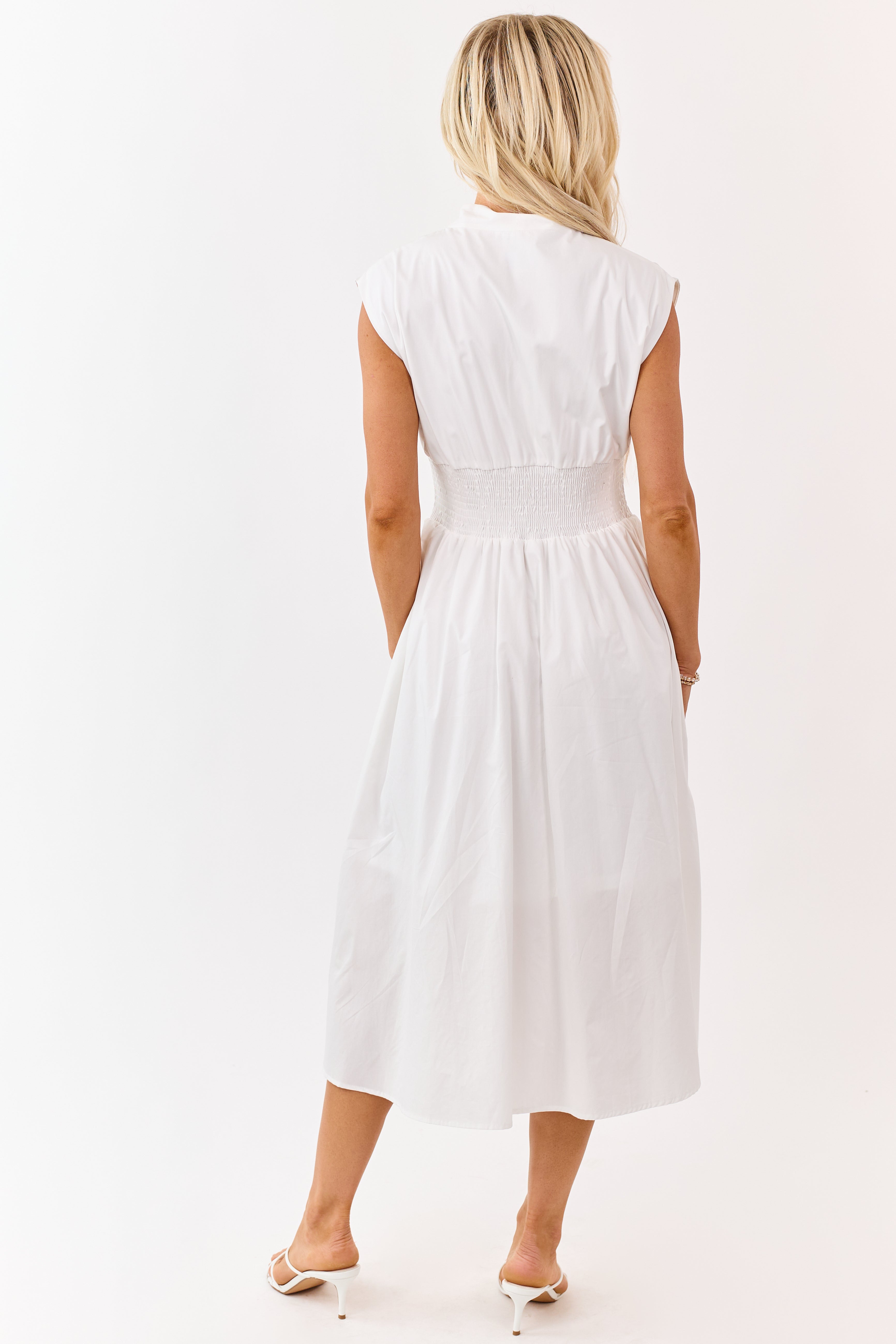She+Sky Off White Zip Up Smocked Cotton Midi Dress