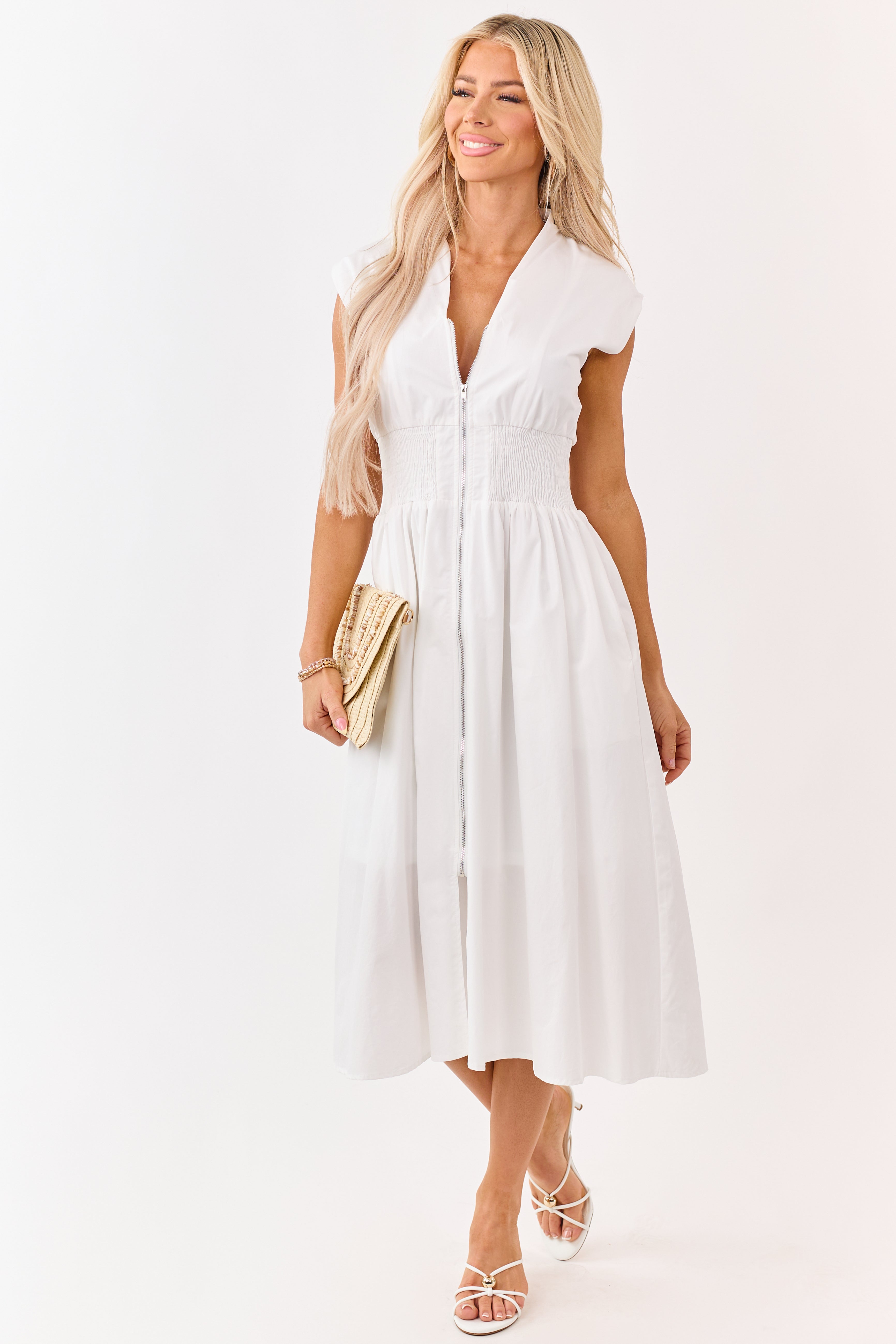 She+Sky Off White Zip Up Smocked Cotton Midi Dress