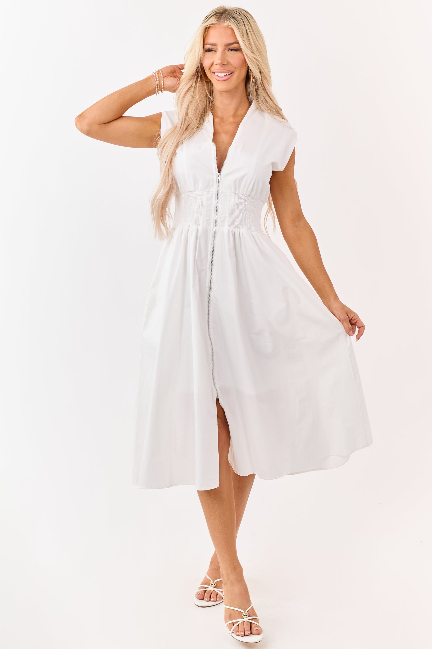 She+Sky Off White Zip Up Smocked Cotton Midi Dress