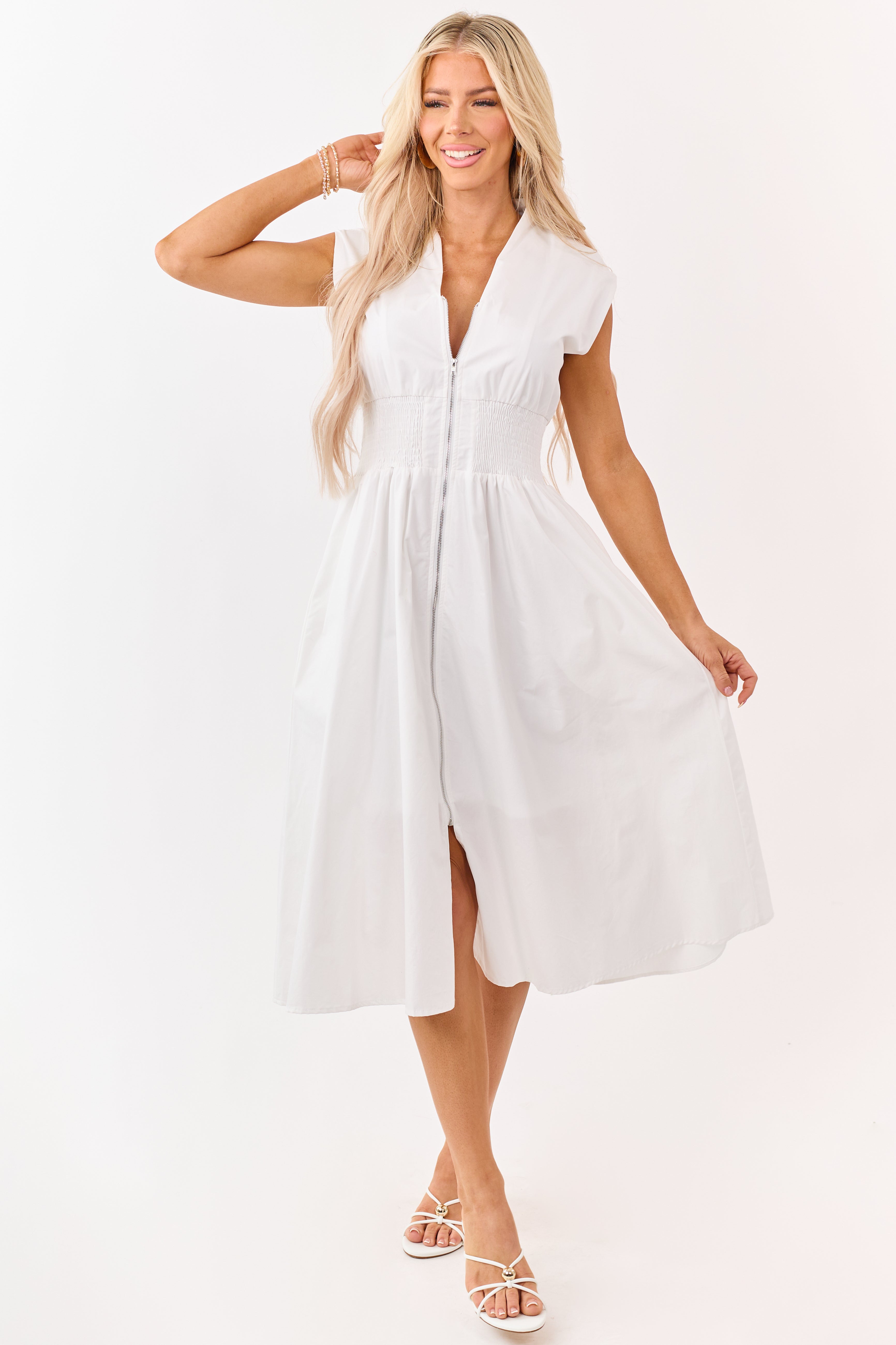 She+Sky Off White Zip Up Smocked Cotton Midi Dress