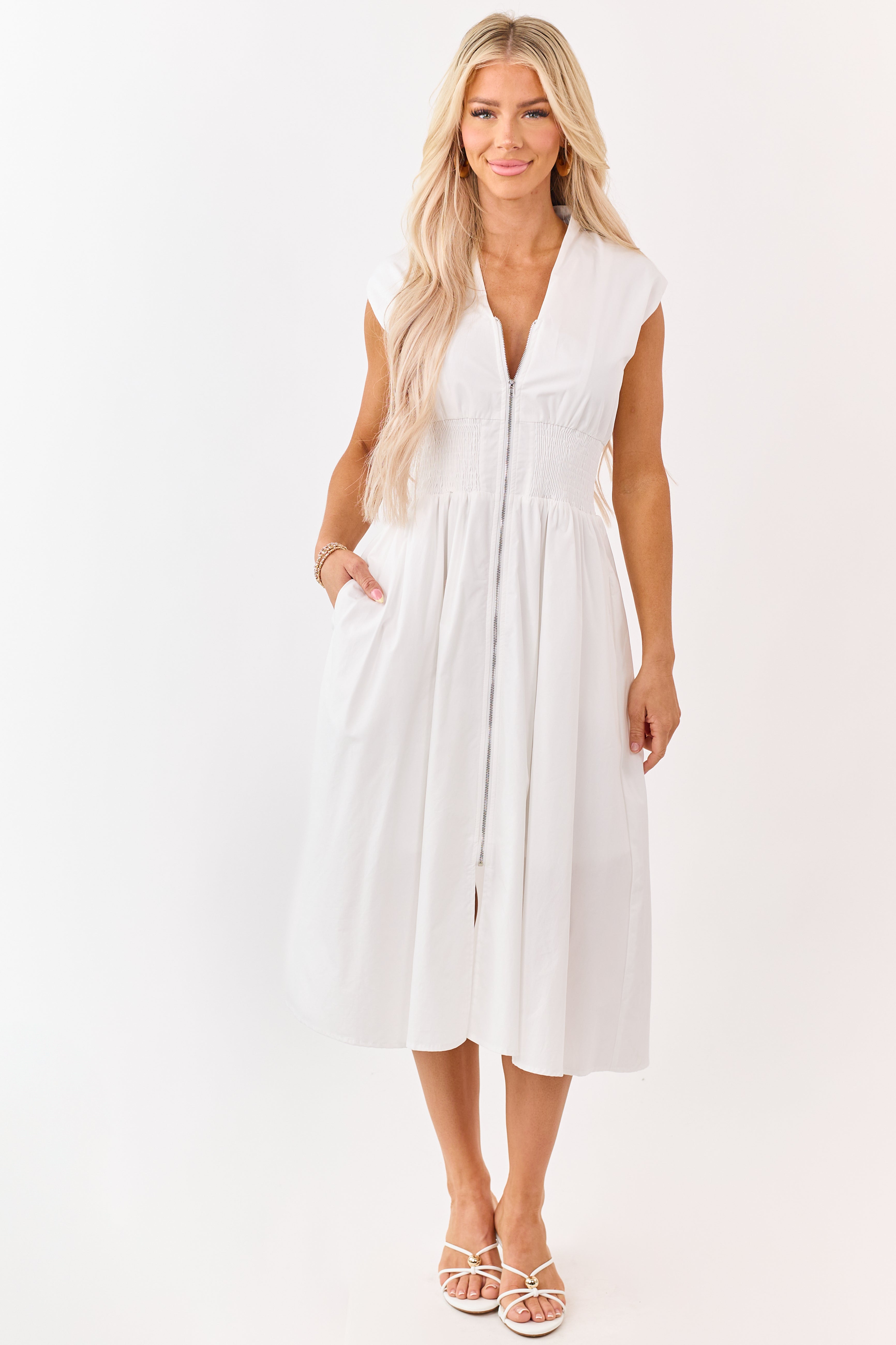 She+Sky Off White Zip Up Smocked Cotton Midi Dress