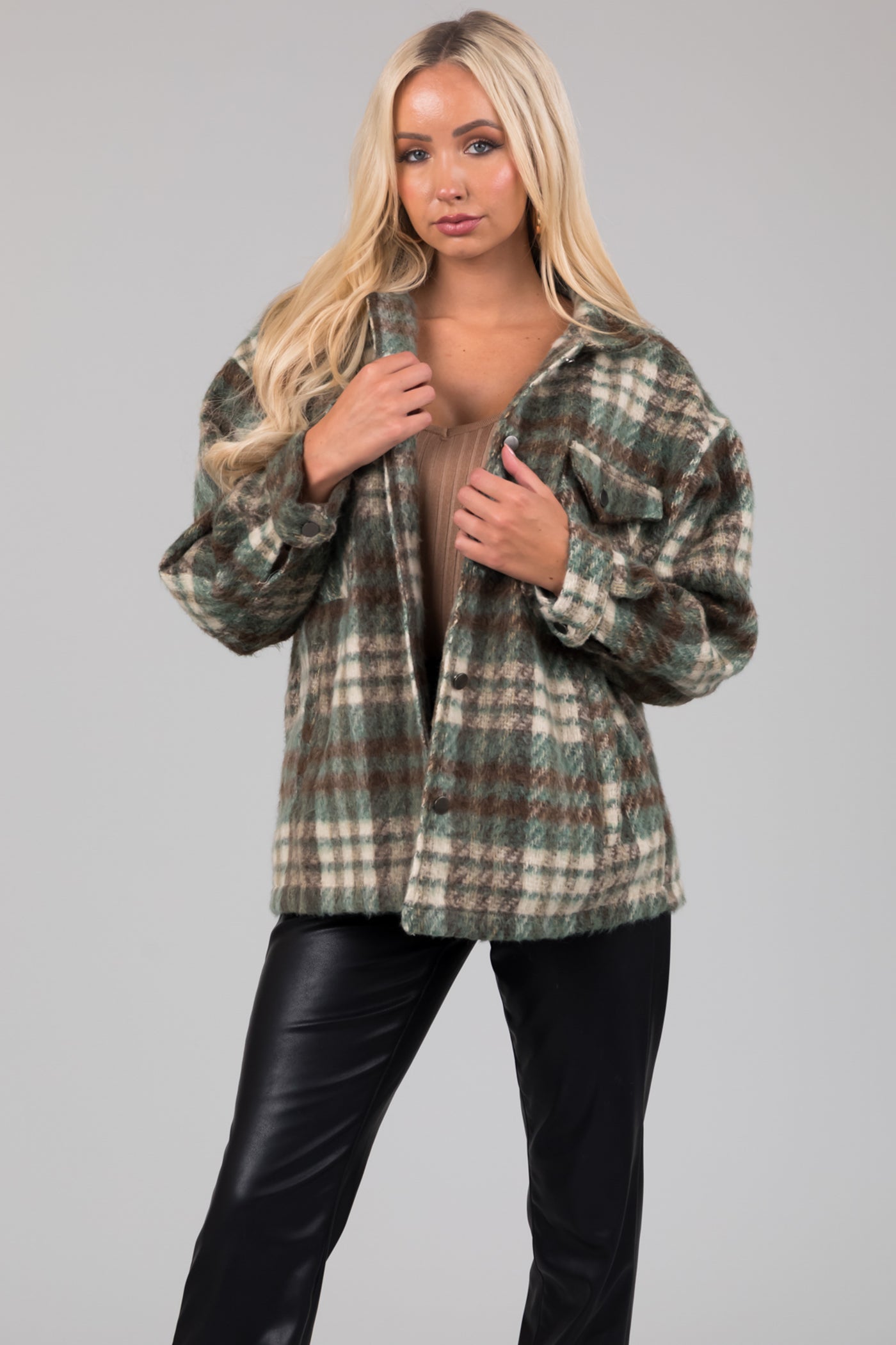 She+Sky Olive Brushed Plaid Button Down Shacket
