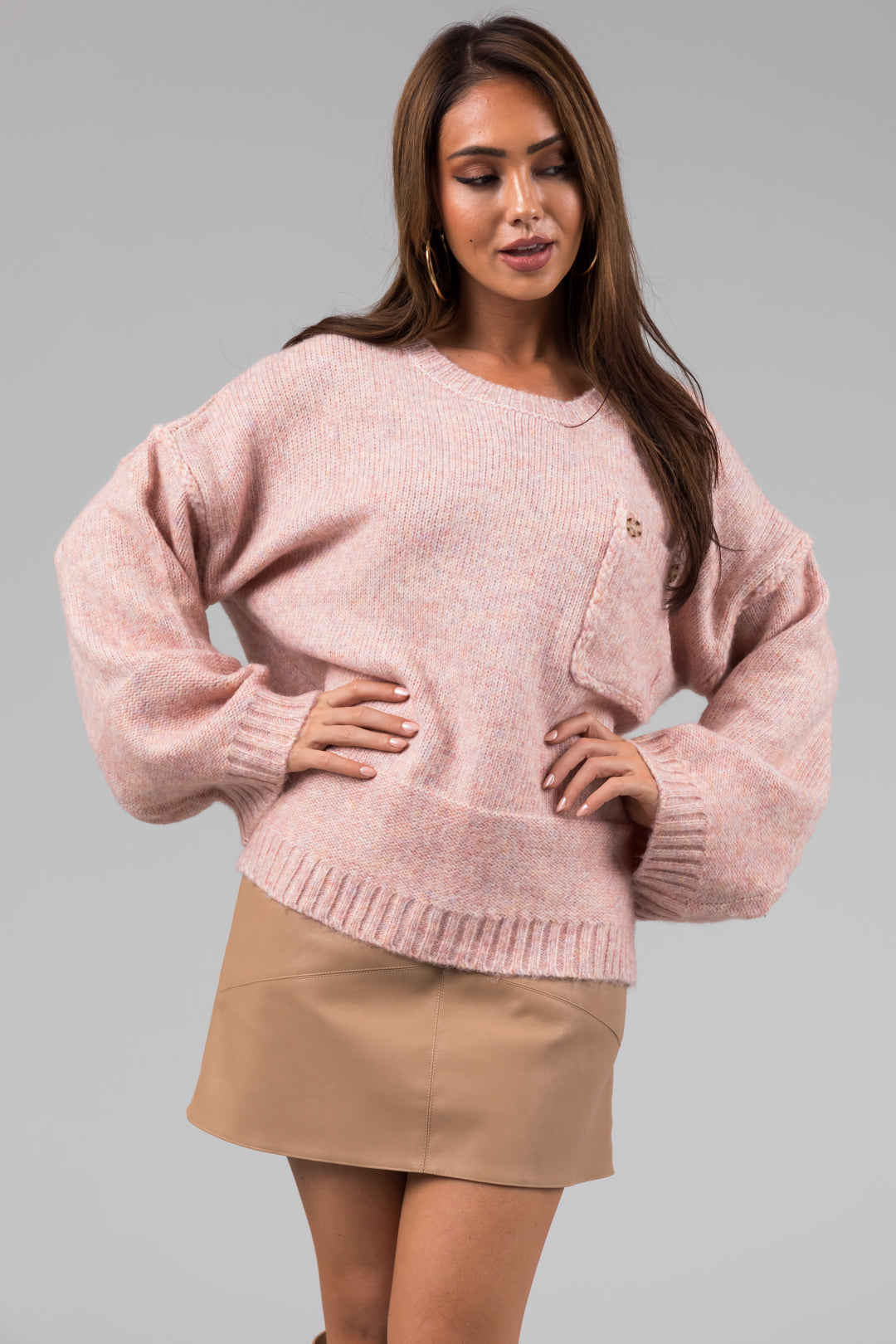 She+Sky Peach Multi Tone Chest Pocket Sweater
