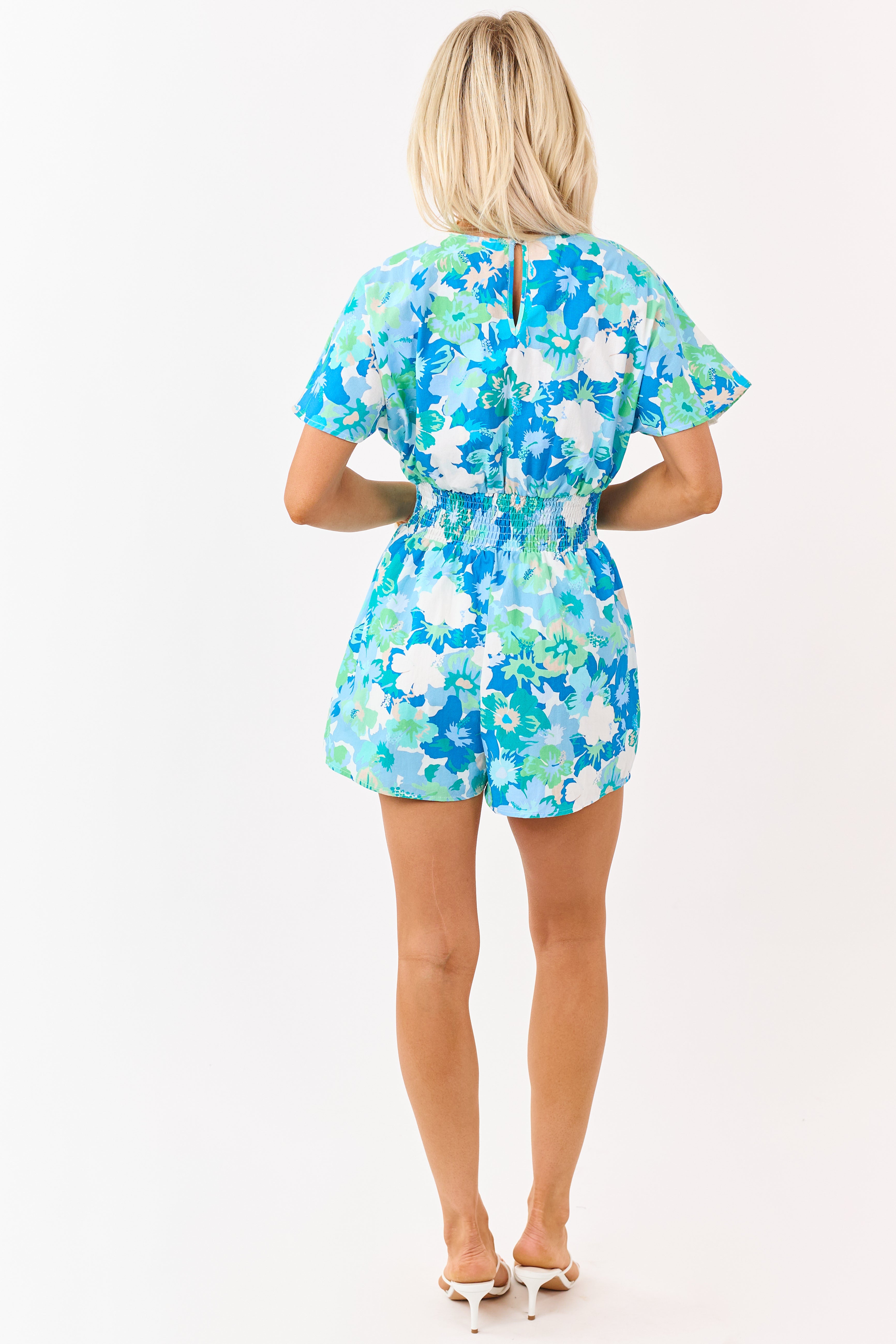 She+Sky Powder Blue Floral Print Cotton Romper