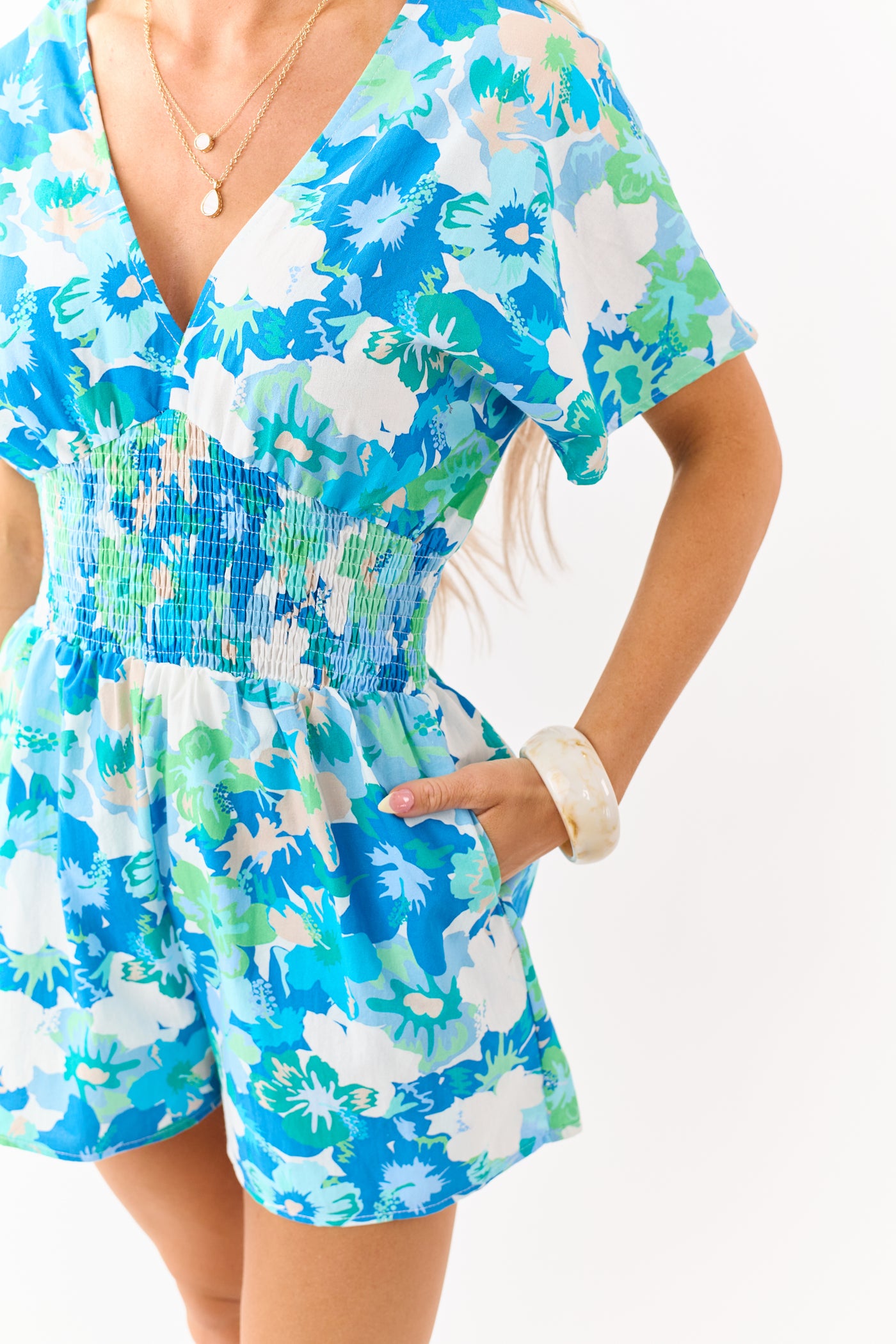 She+Sky Powder Blue Floral Print Cotton Romper
