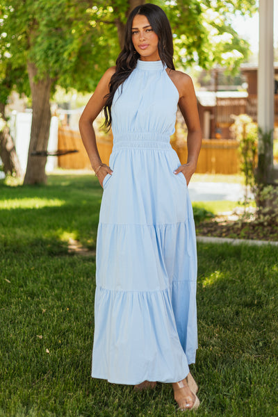 She+Sky Powder Blue Halter Mock Neck Maxi Dress