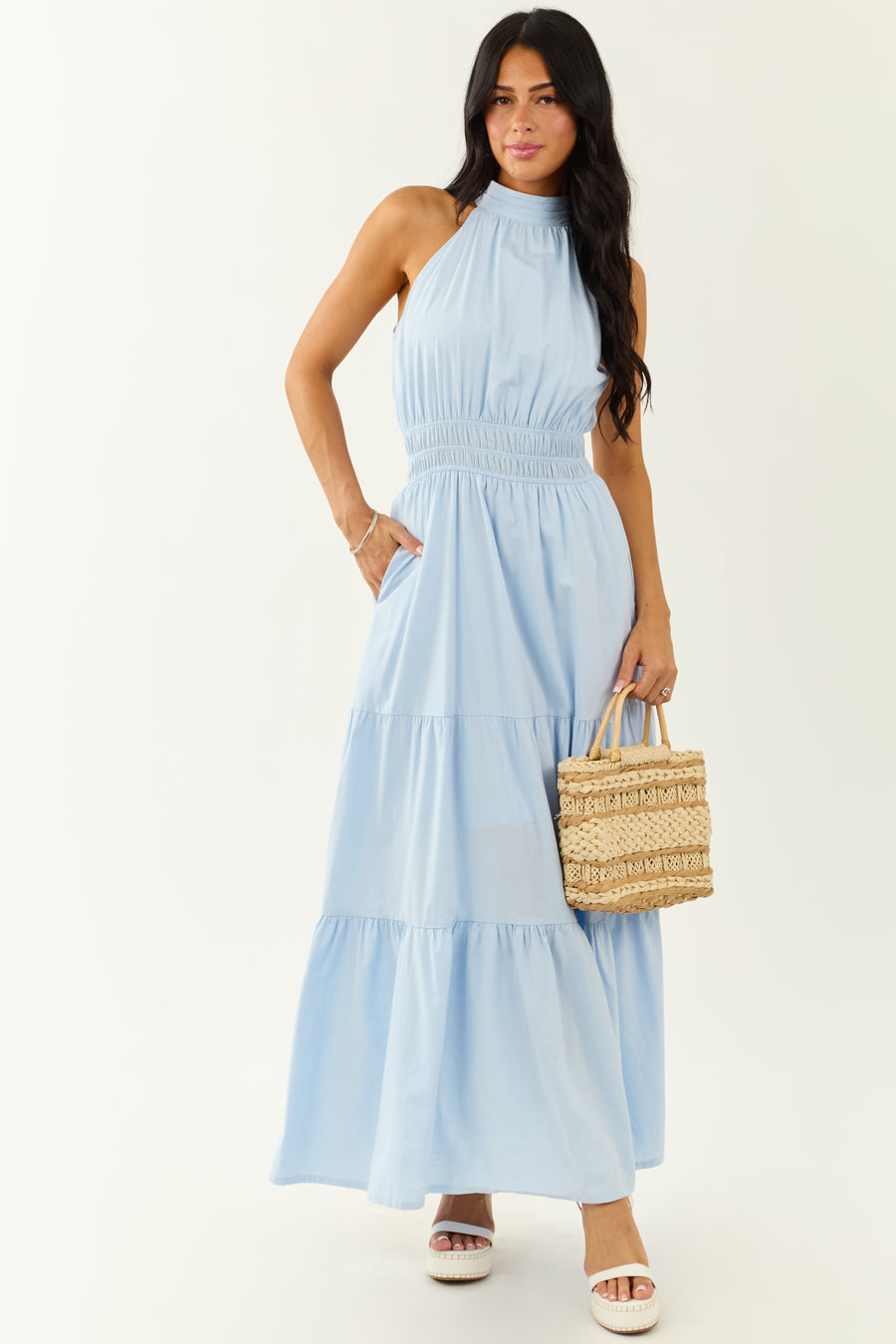 She+Sky Powder Blue Halter Mock Neck Maxi Dress