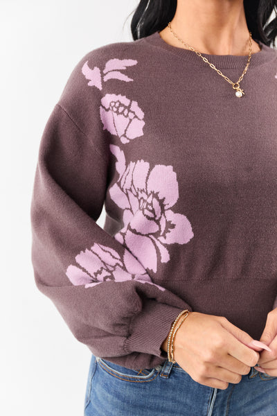 She+Sky Walnut Floral Print Crew Neck Sweater