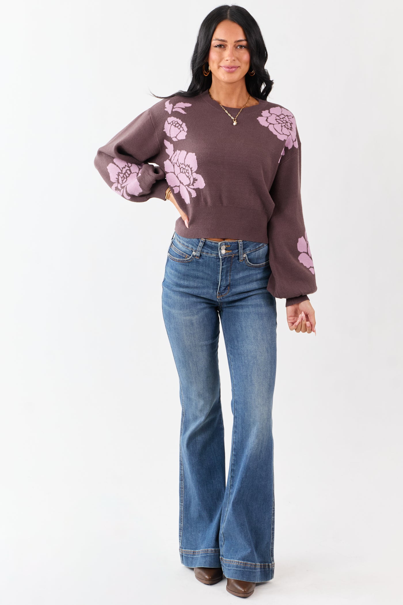She+Sky Walnut Floral Print Crew Neck Sweater