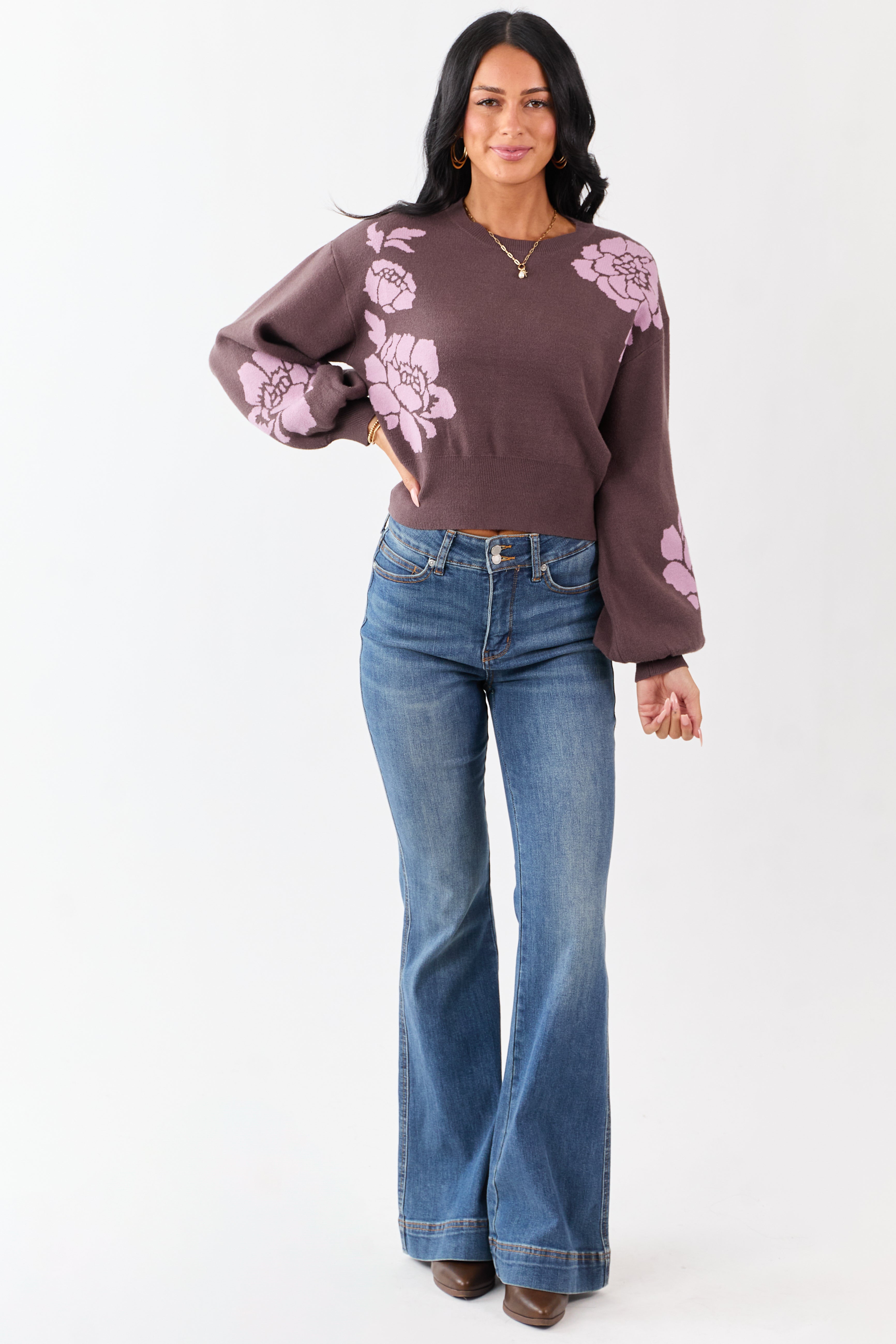 She+Sky Walnut Floral Print Crew Neck Sweater