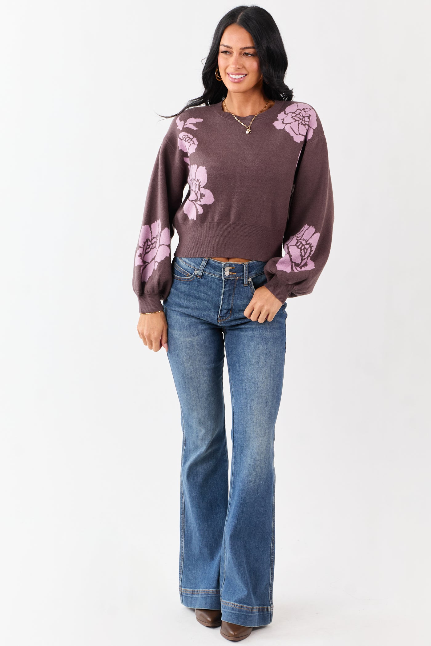 She+Sky Walnut Floral Print Crew Neck Sweater