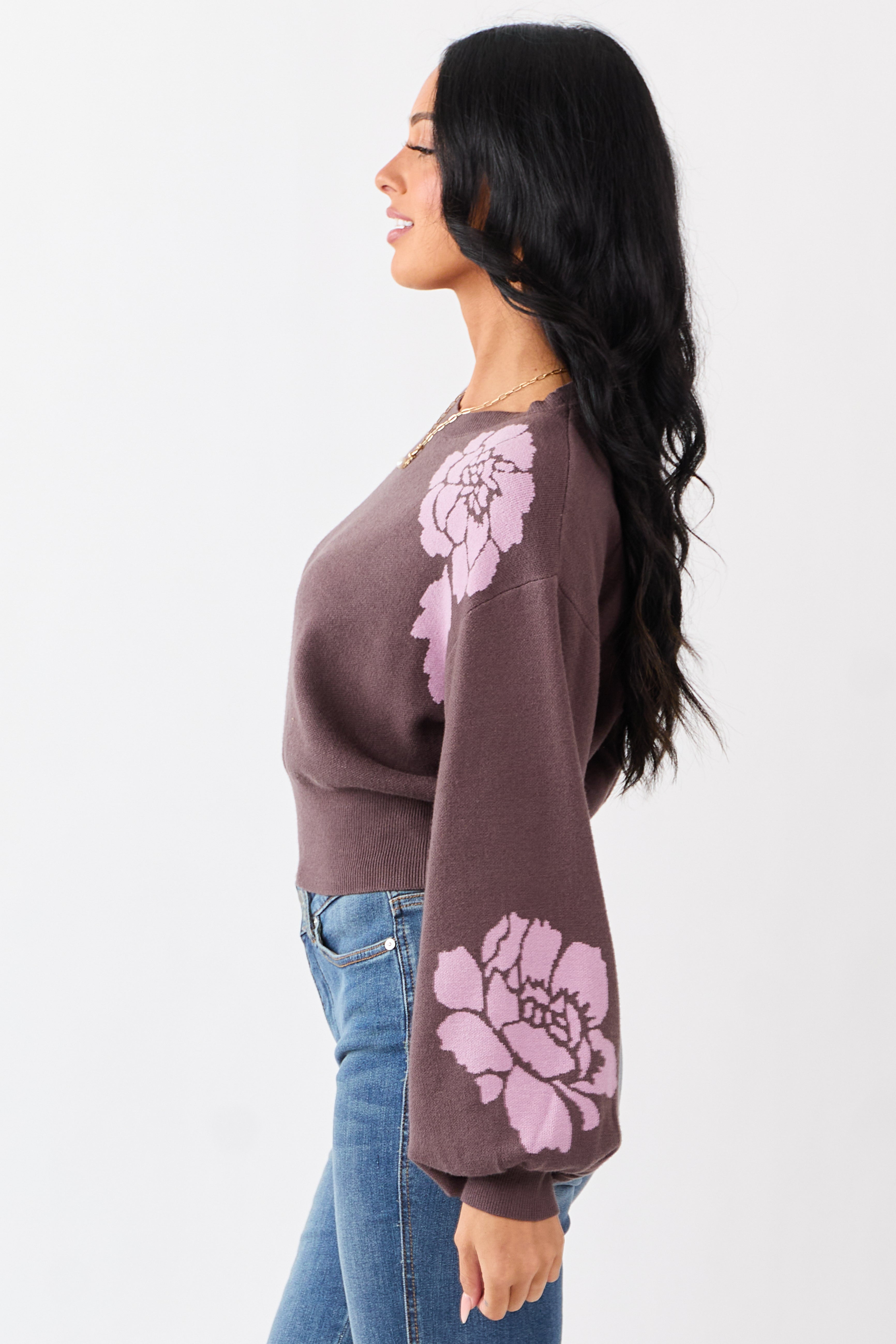 She+Sky Walnut Floral Print Crew Neck Sweater