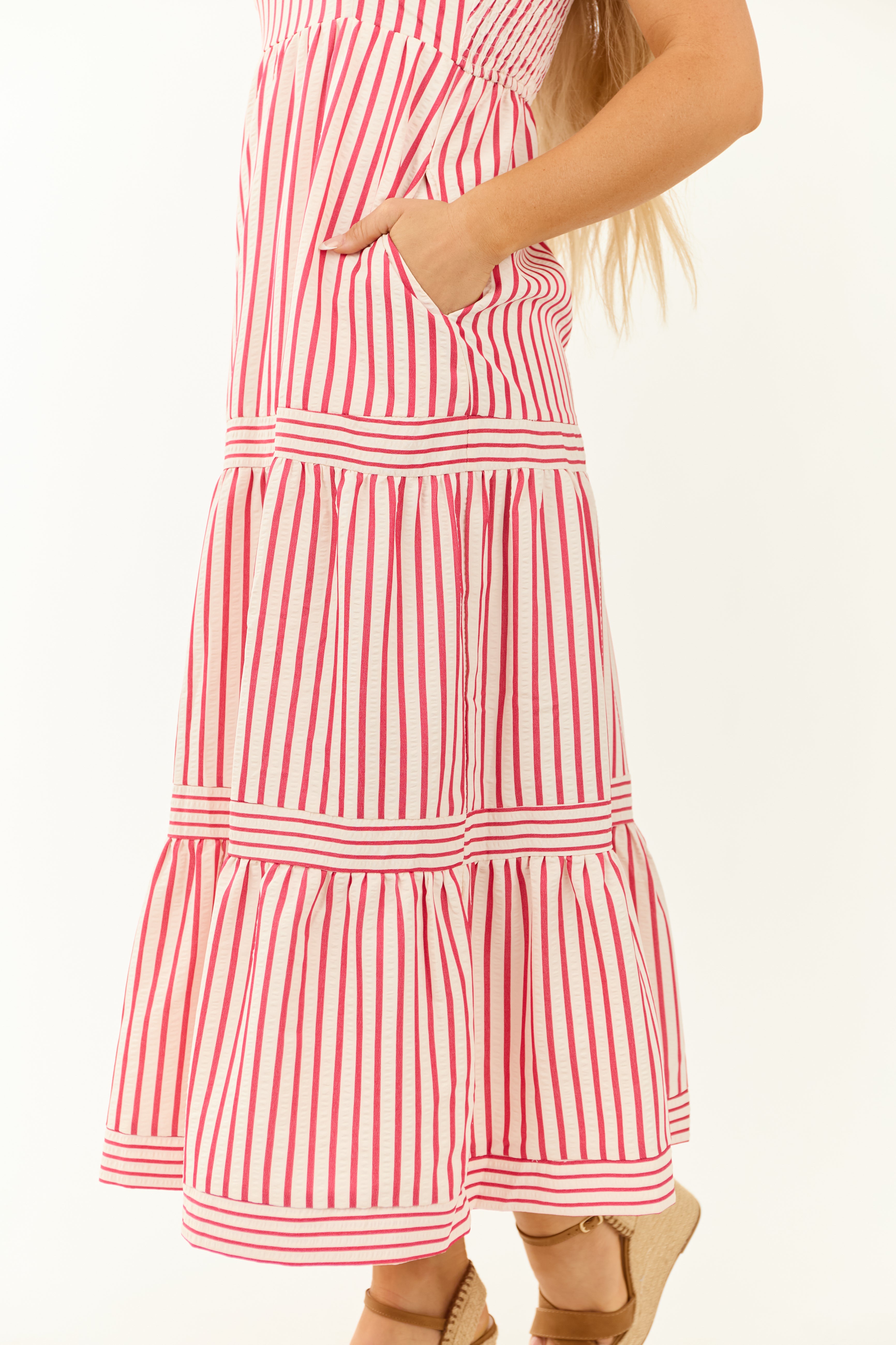She+Sky White and Ruby Striped Sleeveless Midi Dress