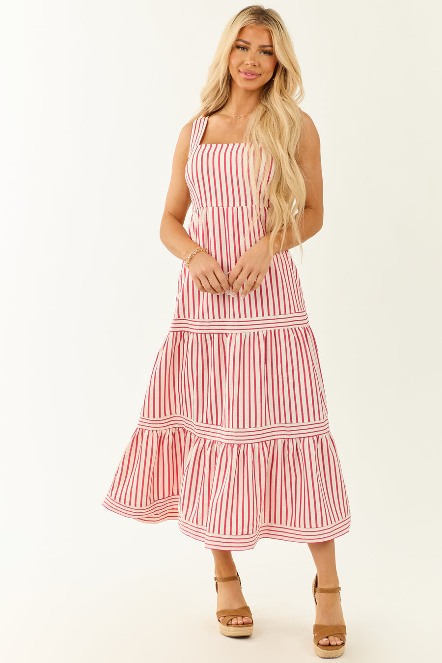 She+Sky White and Ruby Striped Sleeveless Midi Dress