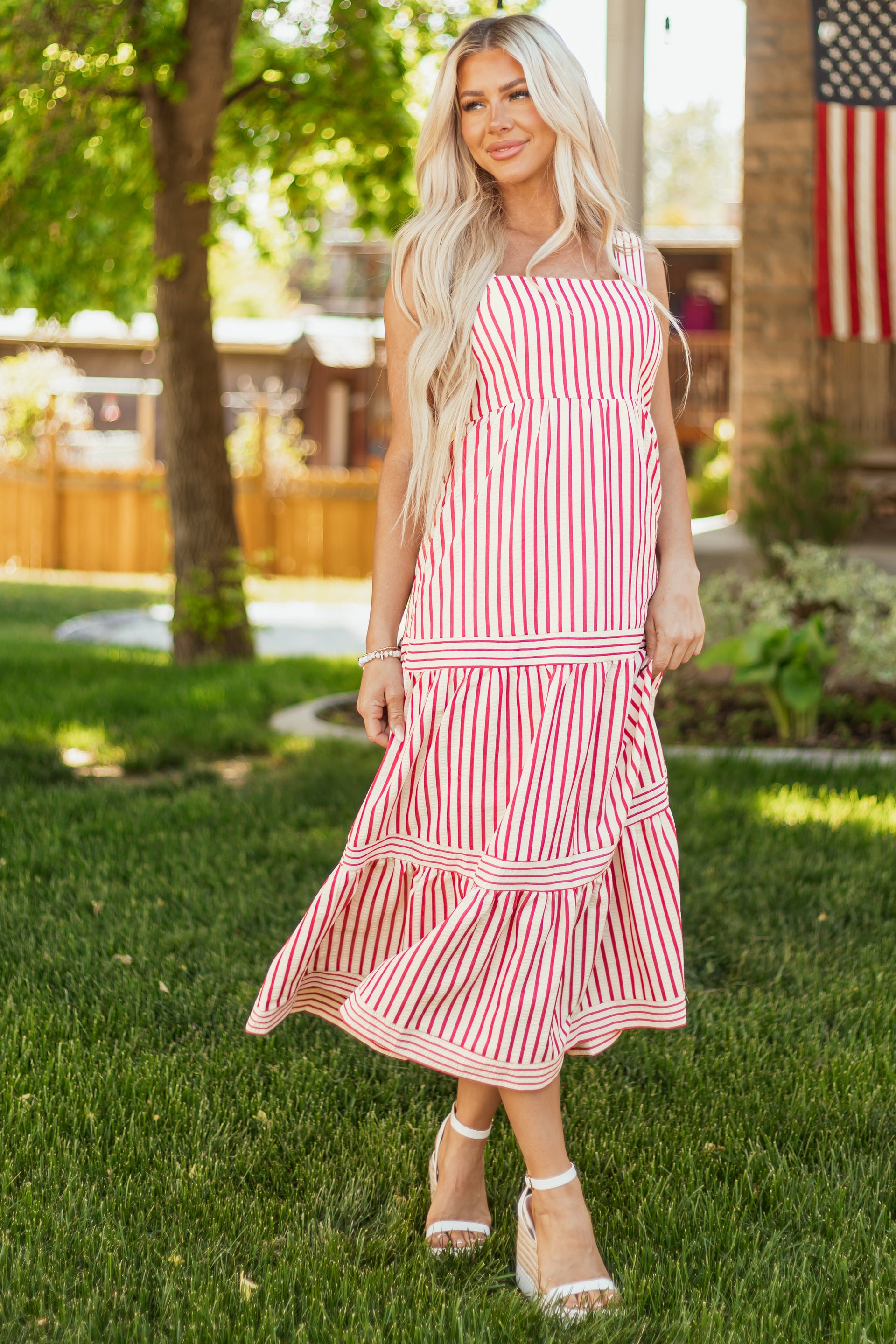 red and white stripe midi dress She+Sky White and Ruby Striped Sleeveless Midi Dress