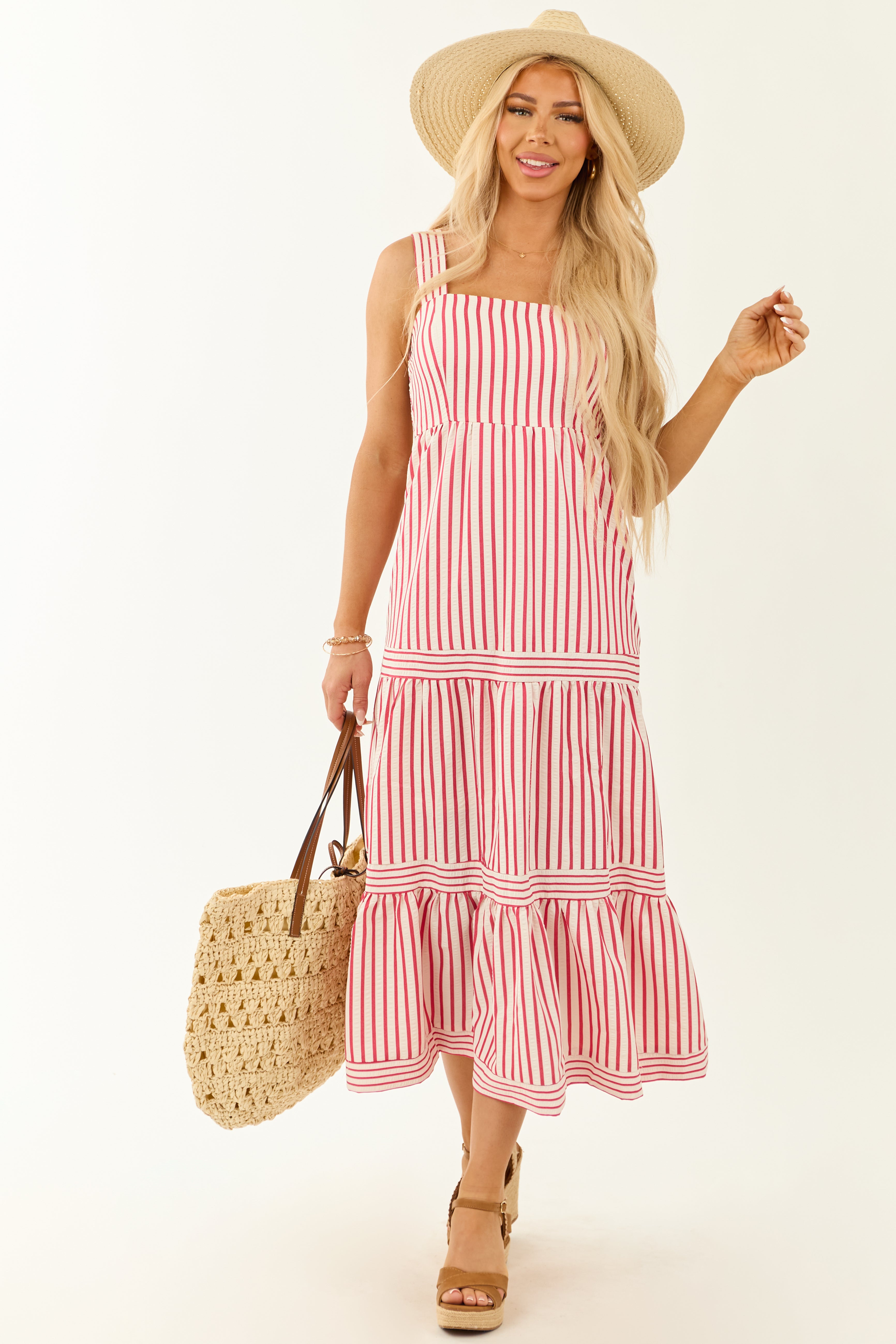 She+Sky White and Ruby Striped Sleeveless Midi Dress