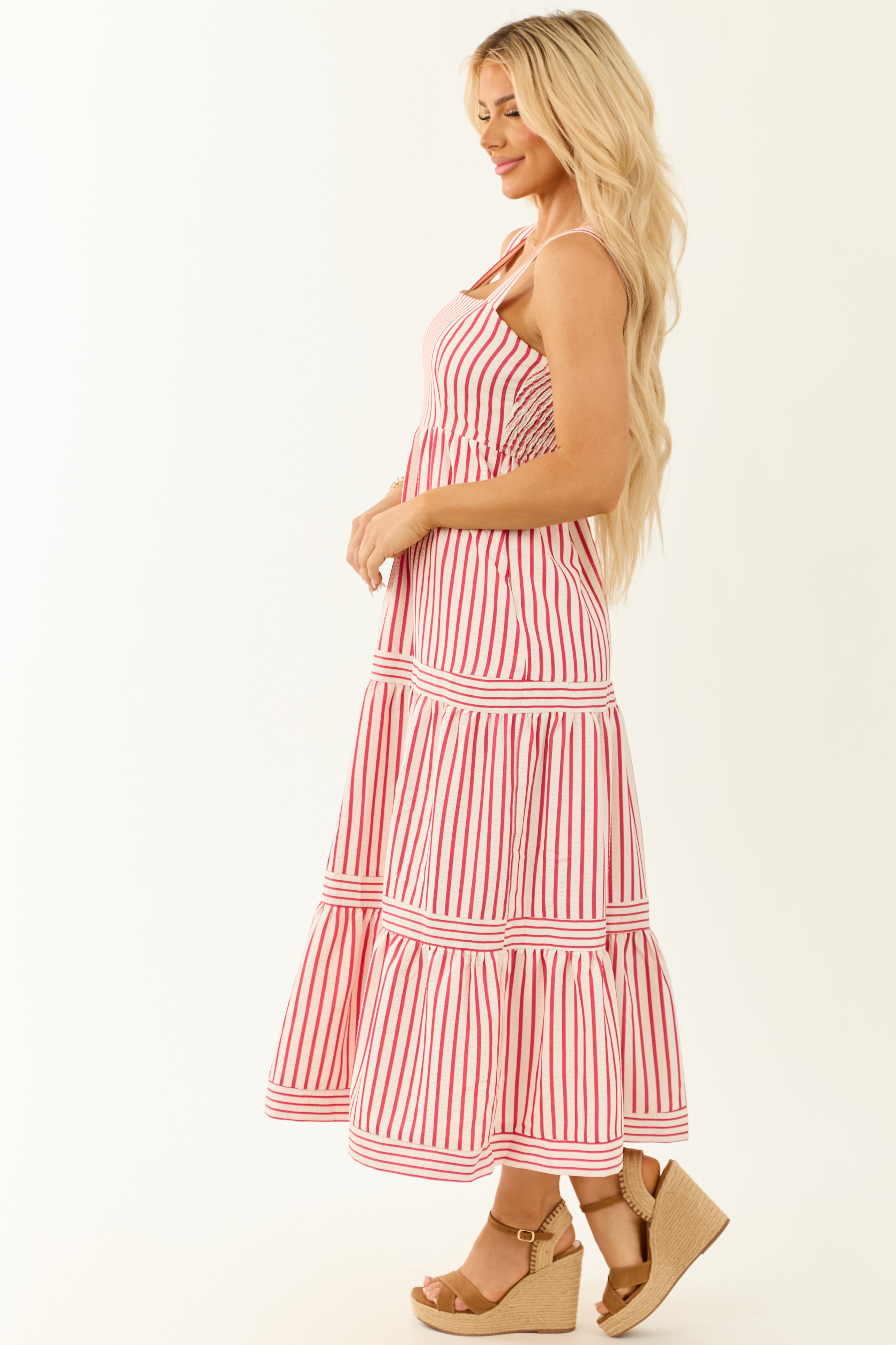 She+Sky White and Ruby Striped Sleeveless Midi Dress