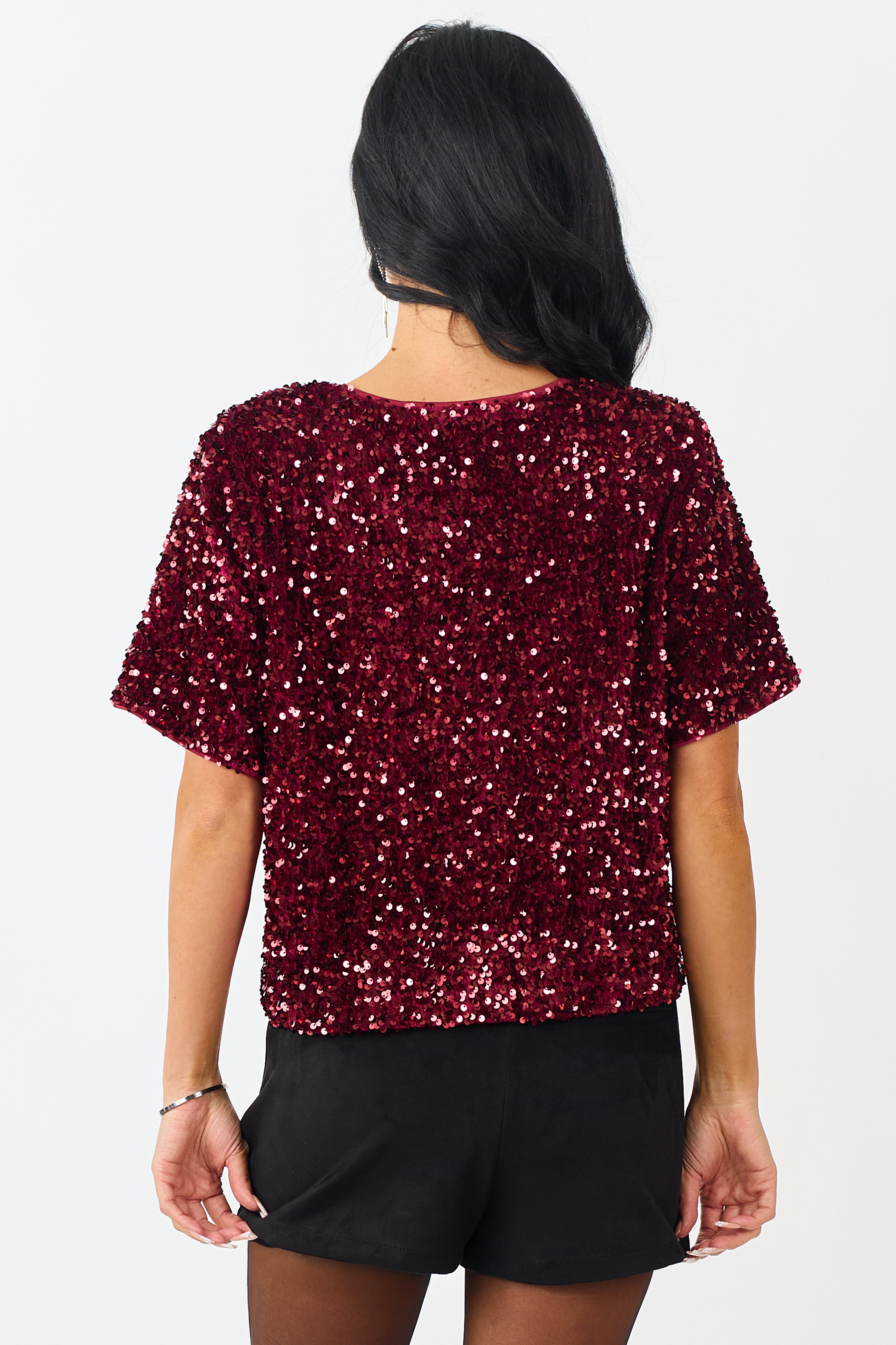 She+Sky Wine Sequined Short Sleeve Top