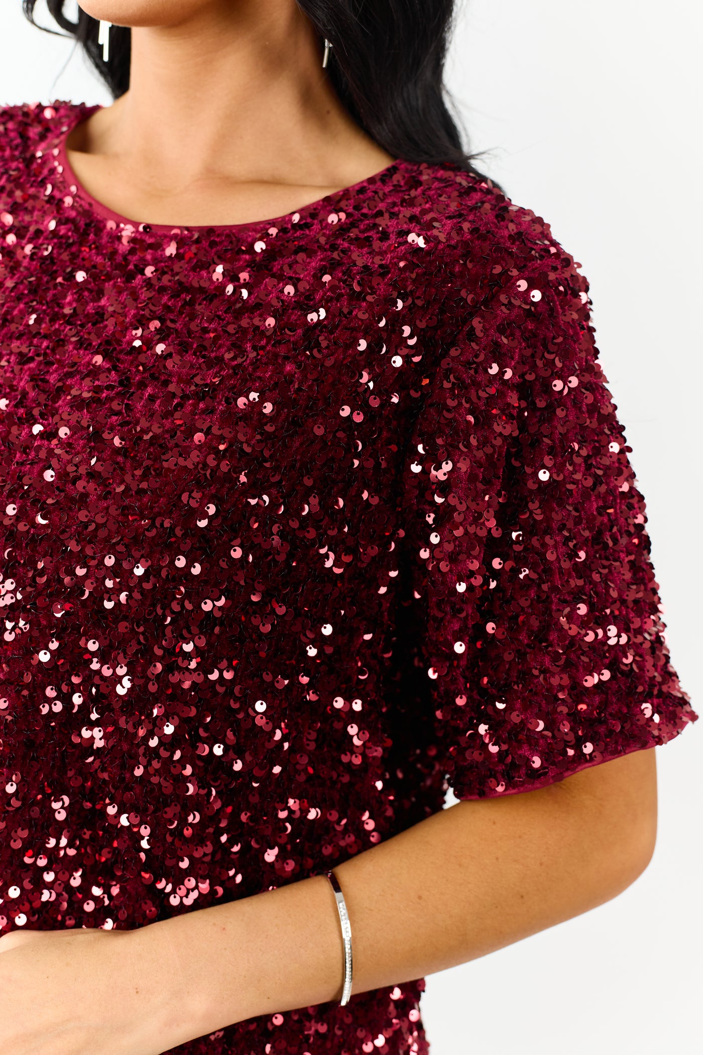 She+Sky Wine Sequined Short Sleeve Top