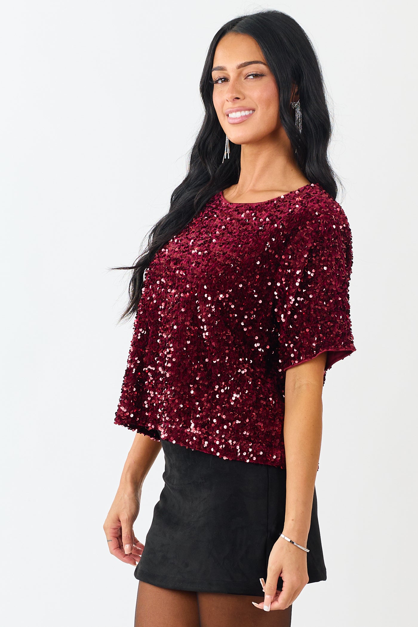 She+Sky Wine Sequined Short Sleeve Top