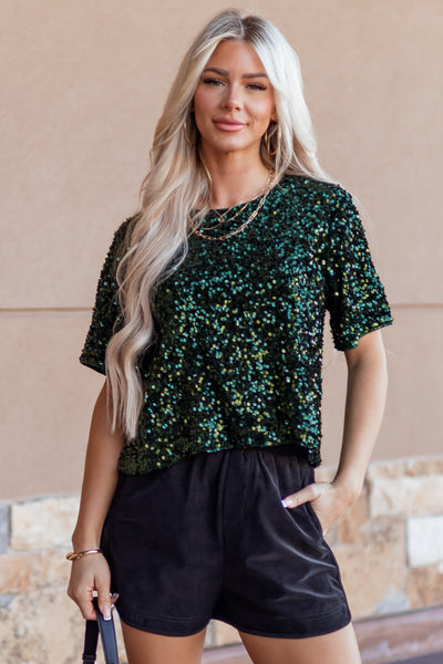 She+Sky Forest Green Sequined Short Sleeve Top