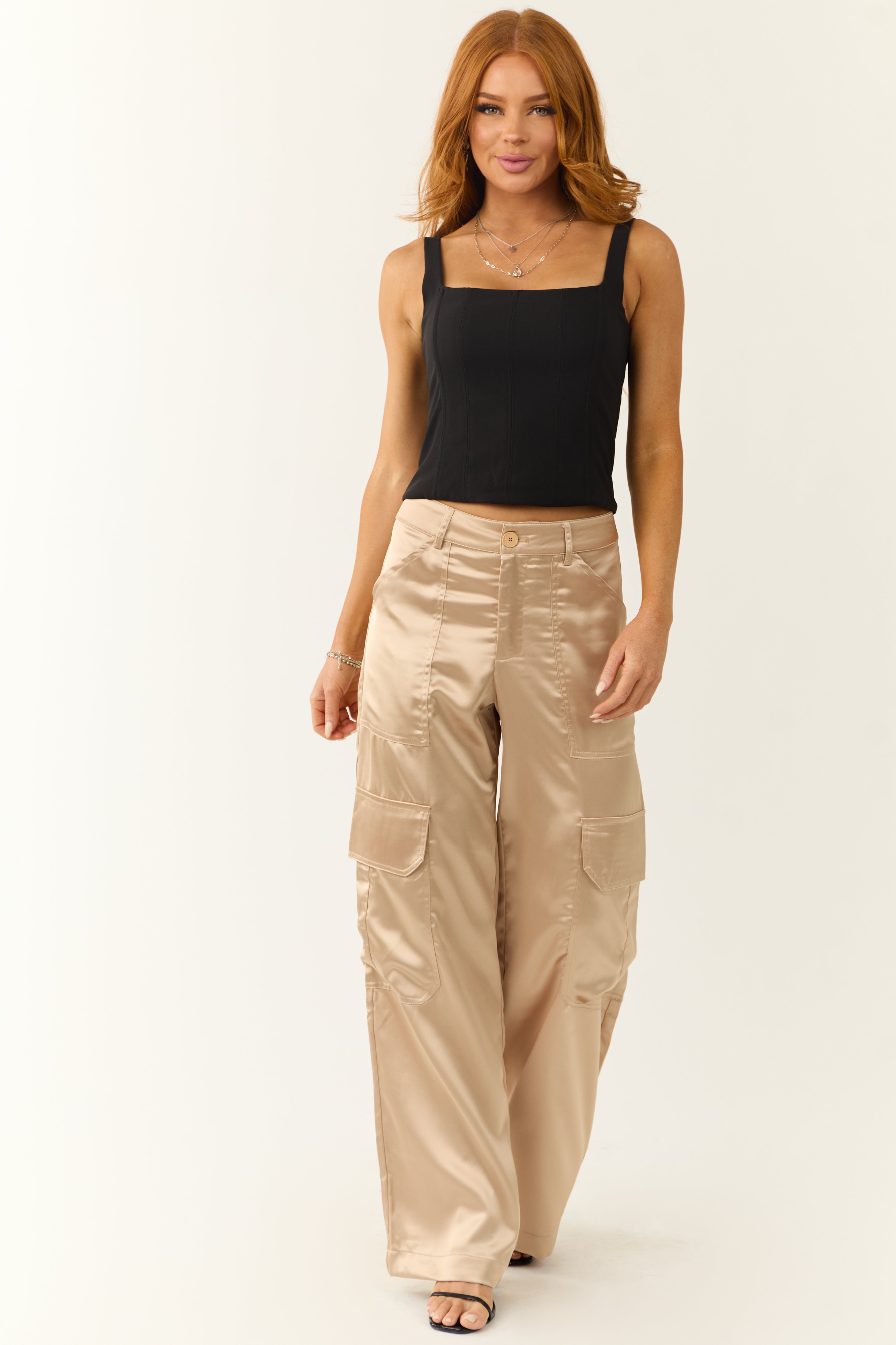 Shiny Beige Satin Cargo Wide Leg Pants | Lime Lush Boutique